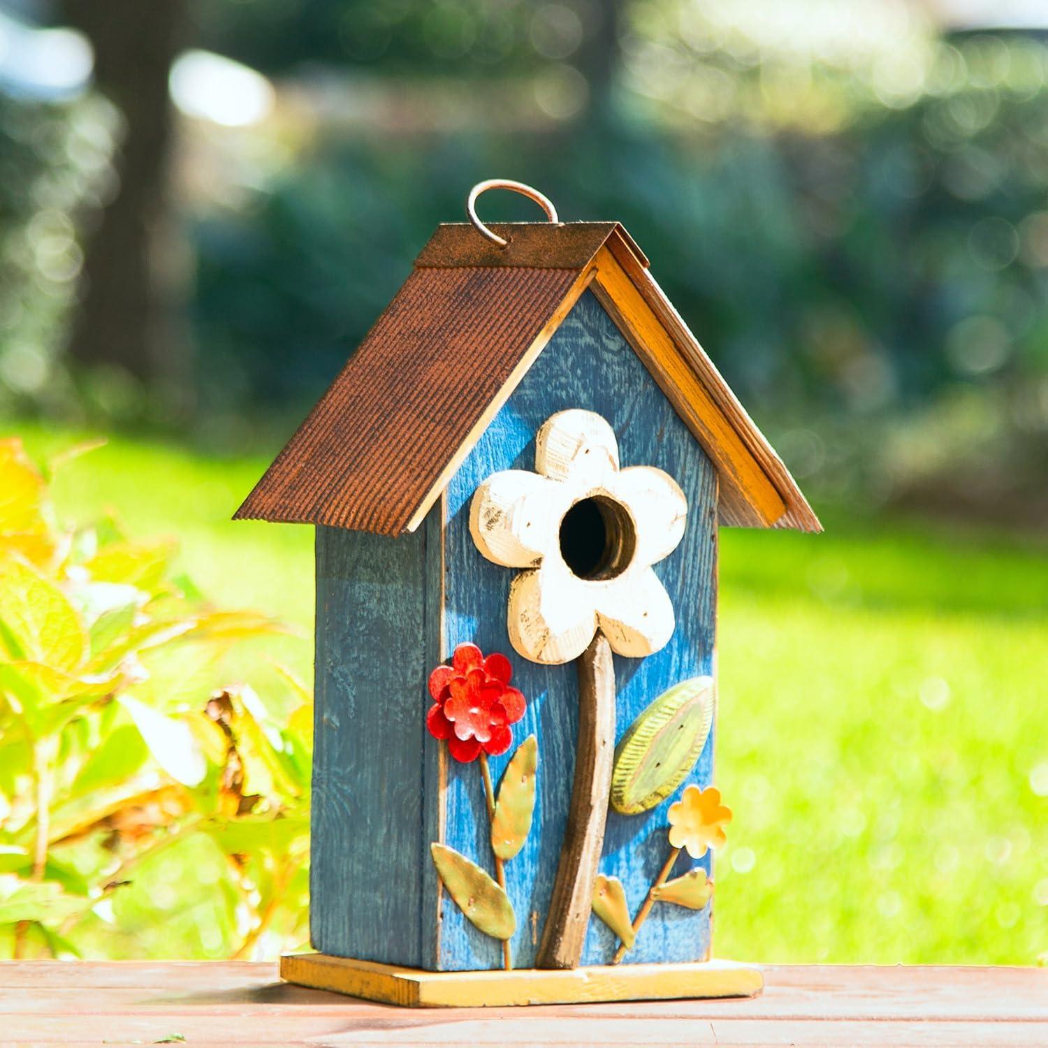 Casa de Aves Colgante Glitzhome 26cm Madera Azul Lavado