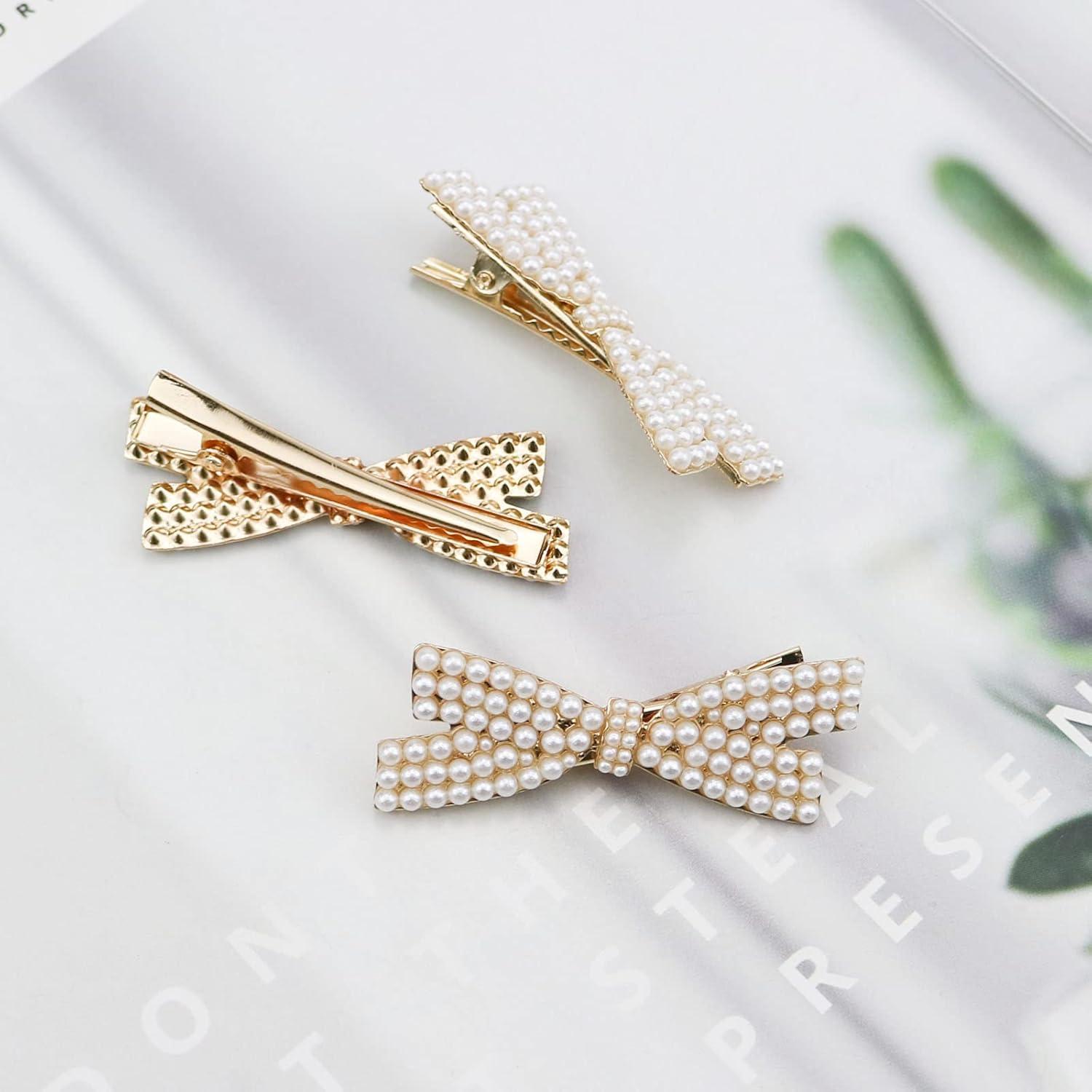 10 Clips de Pelo con Lazo de Perlas Dorados - Accesorios Elegantes