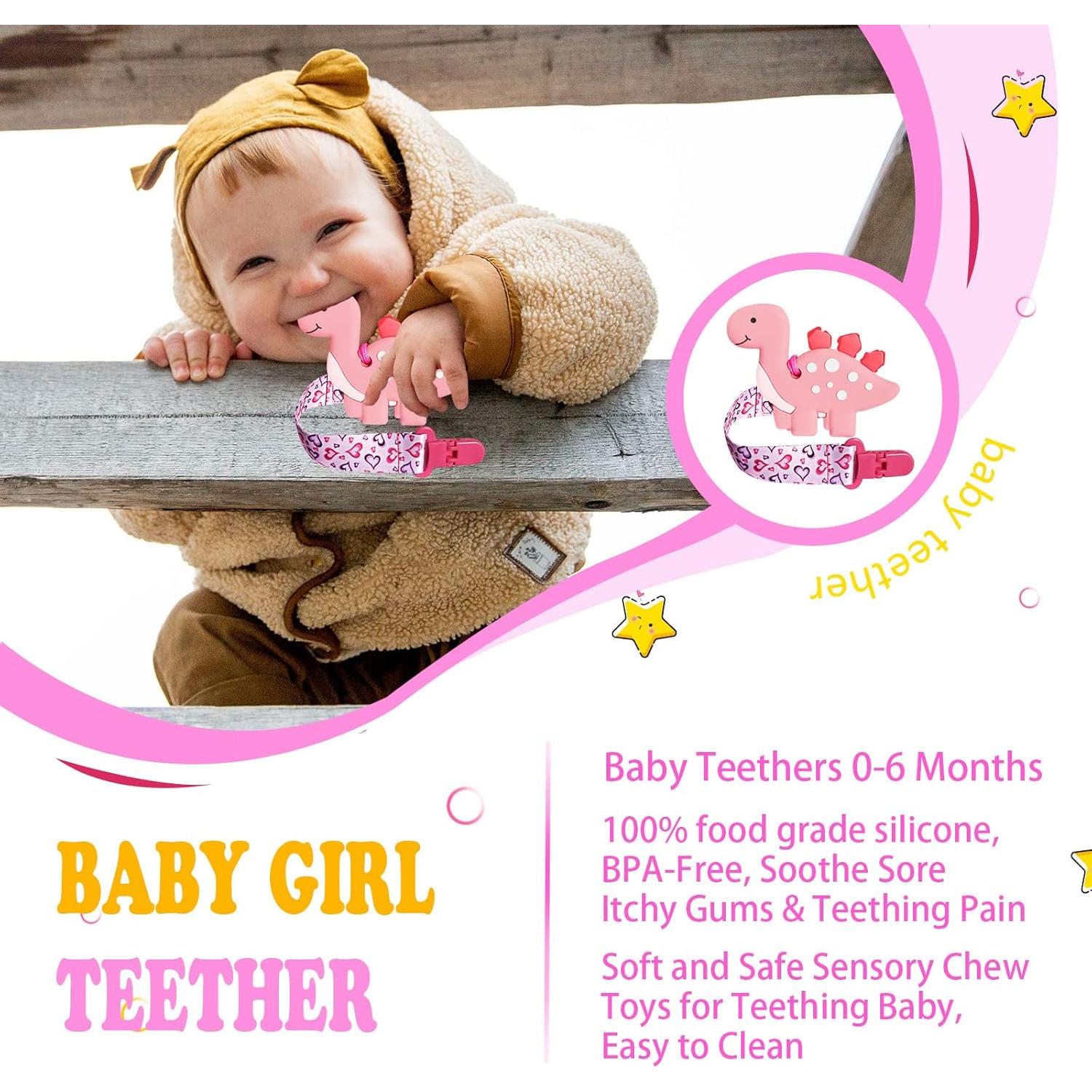 Mordedor de Dinosaurio Gris para Bebés + Clip Chupete Silicona