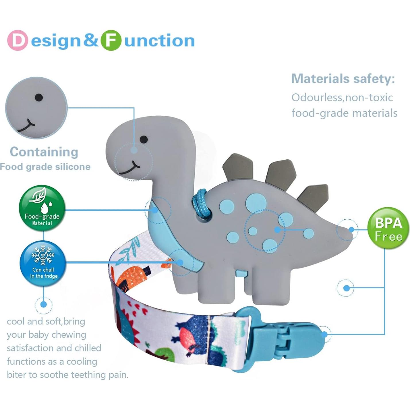 Mordedor de Dinosaurio Gris para Bebés + Clip Chupete Silicona