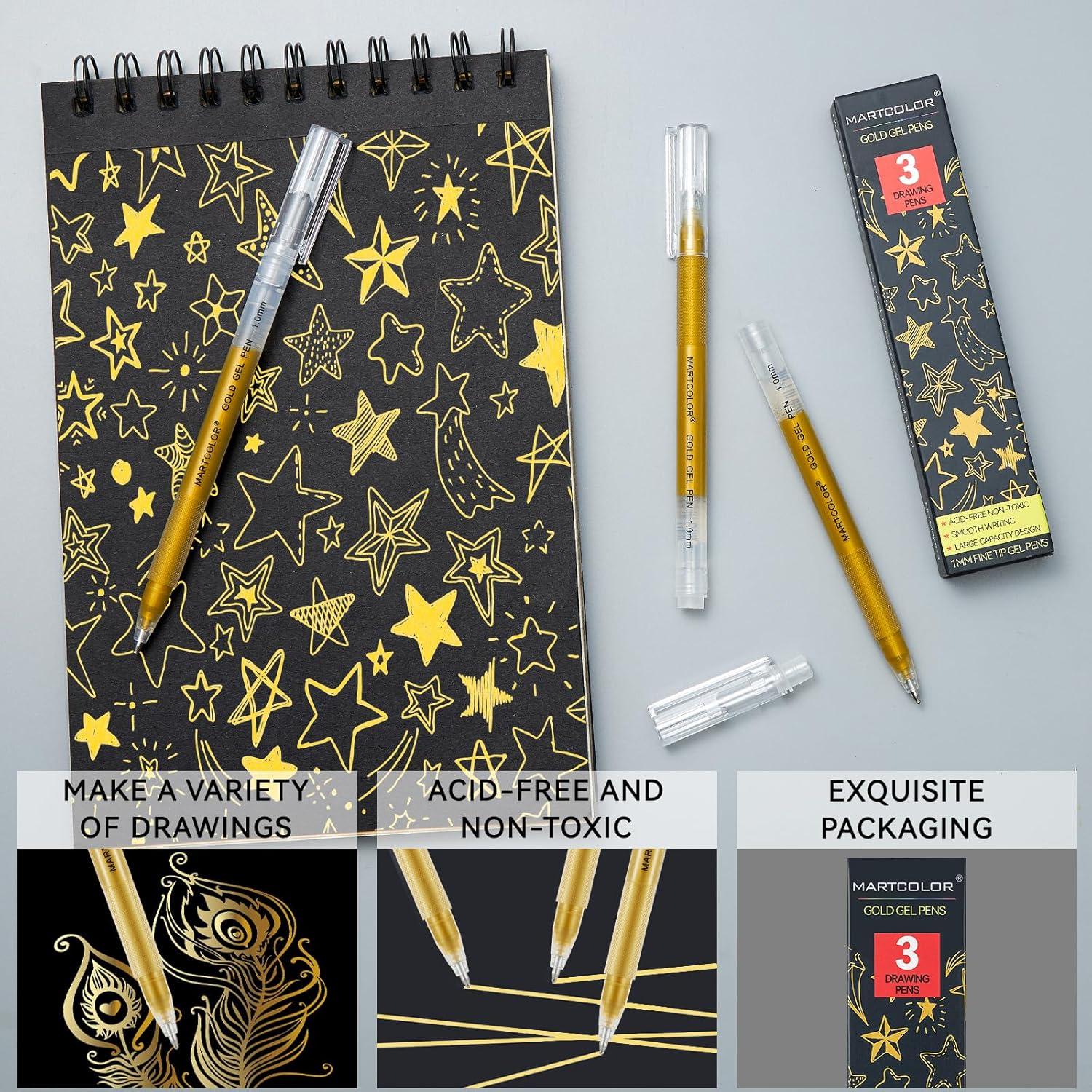 Bolígrafos de Gel Dorados MARTCOLOR - Paquete de 3, Punta Fina 1mm