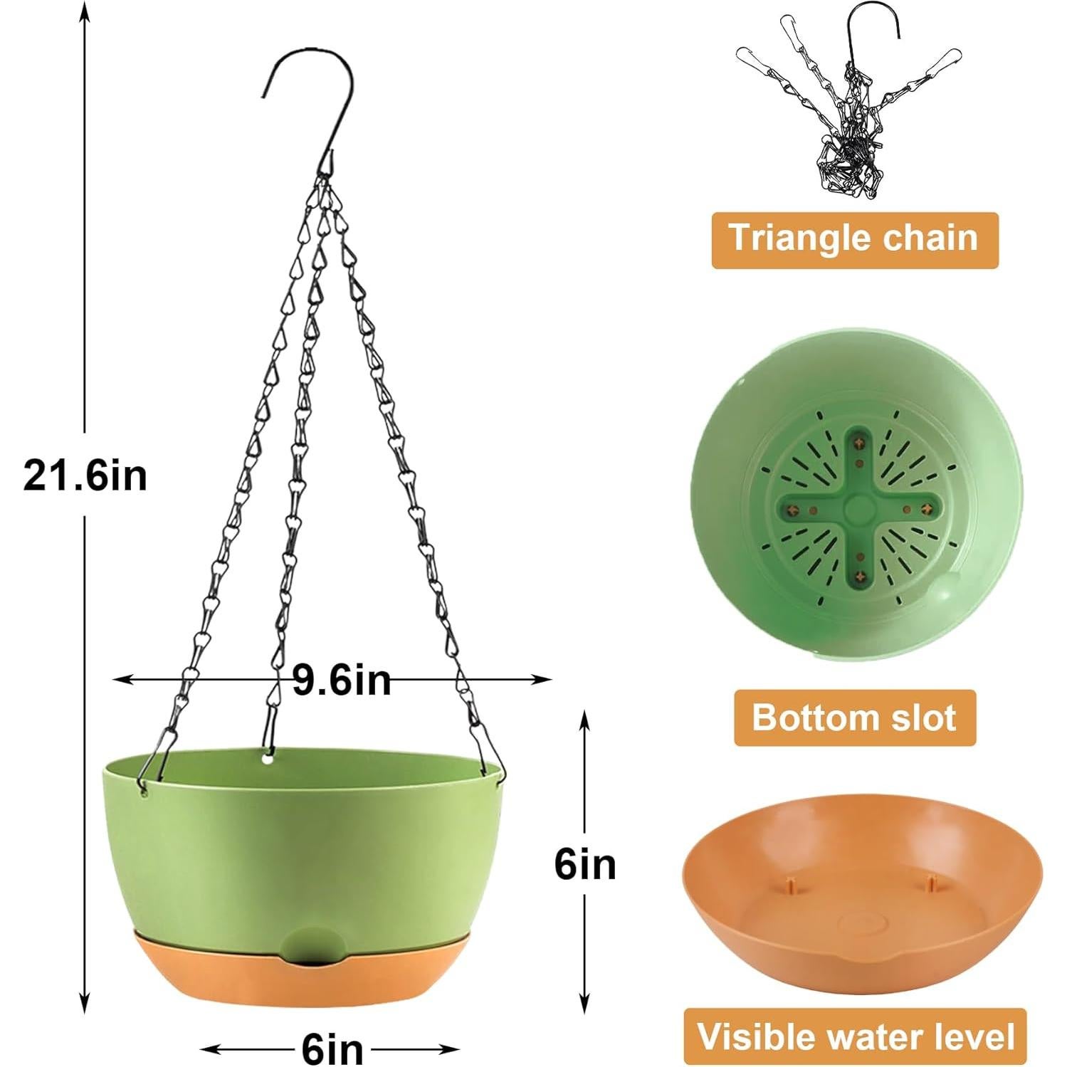 Macetas colgantes autorriego KPUVX 25 cm, paquete de 3 verdes