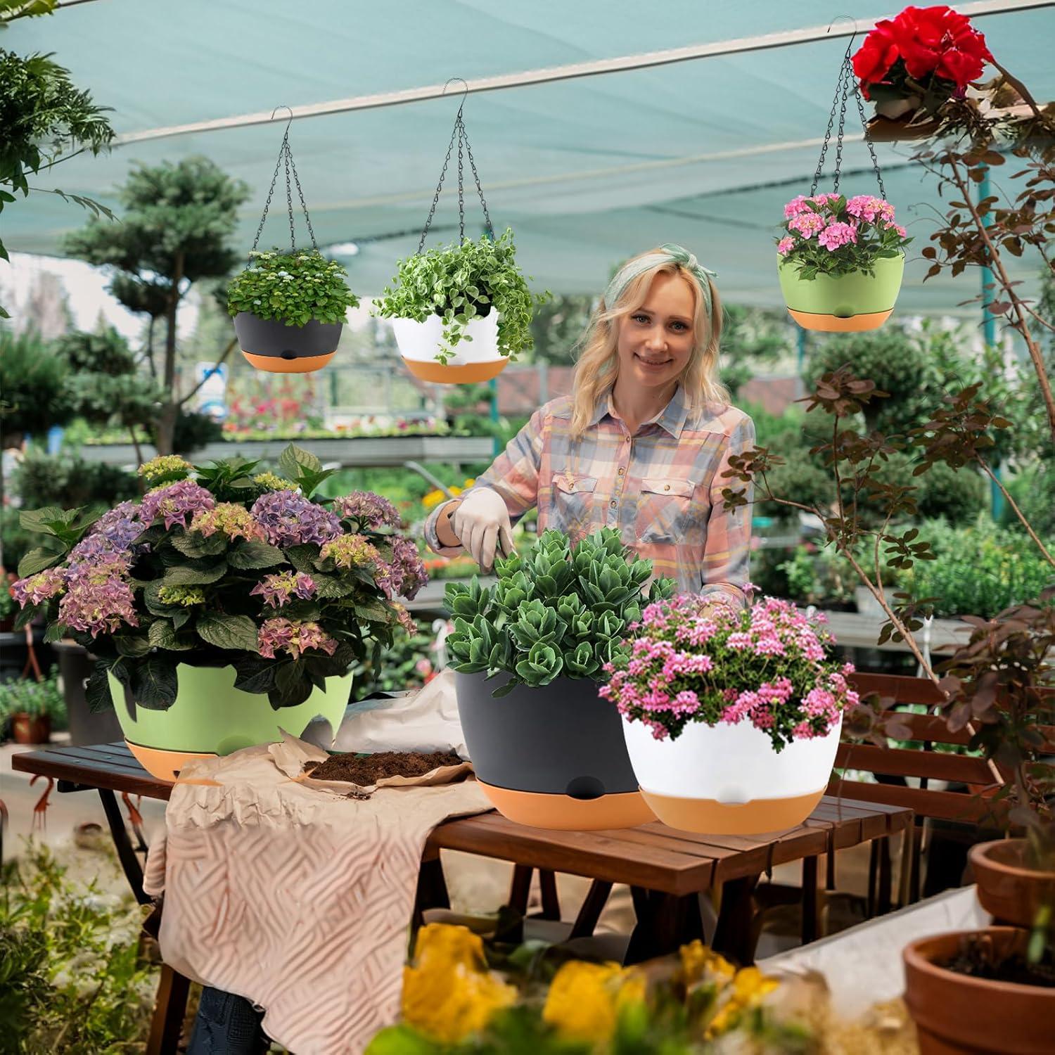 Macetas colgantes autorriego KPUVX 25 cm, paquete de 3 verdes