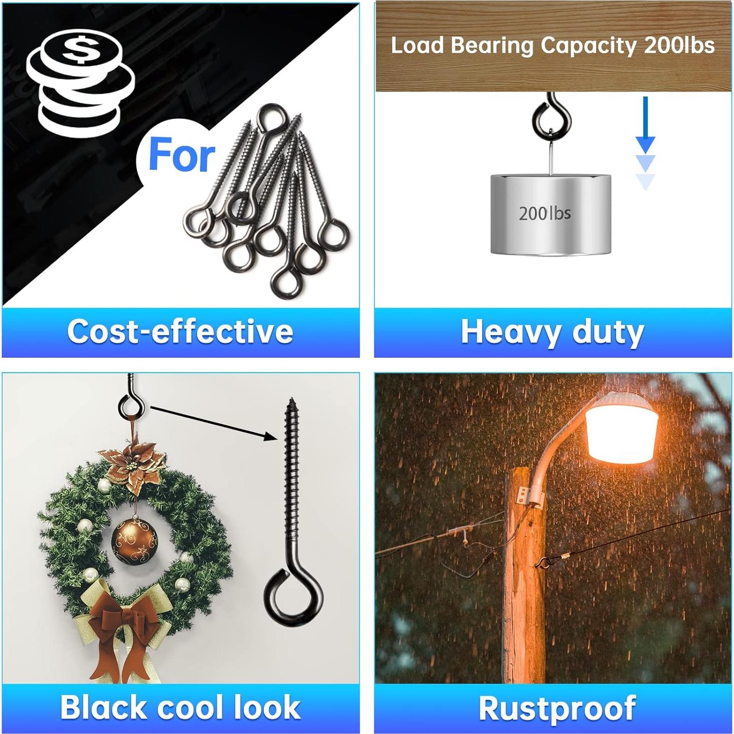 Muzata Ganchos Oculares de Tornillo Negro 10 Piezas 83.8mm