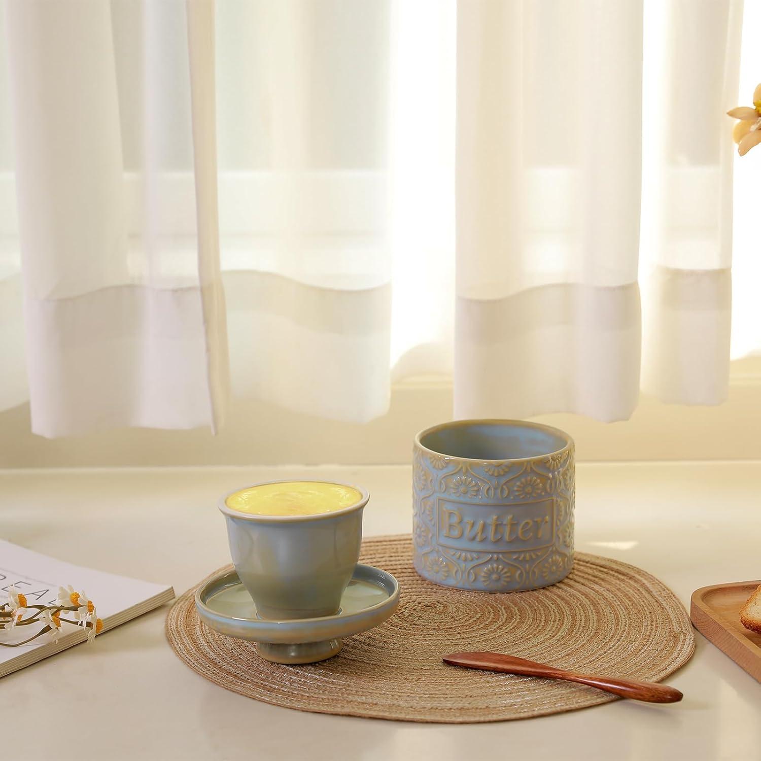 Crock de Mantequilla Cerámica iobiotio Azul con Tapa