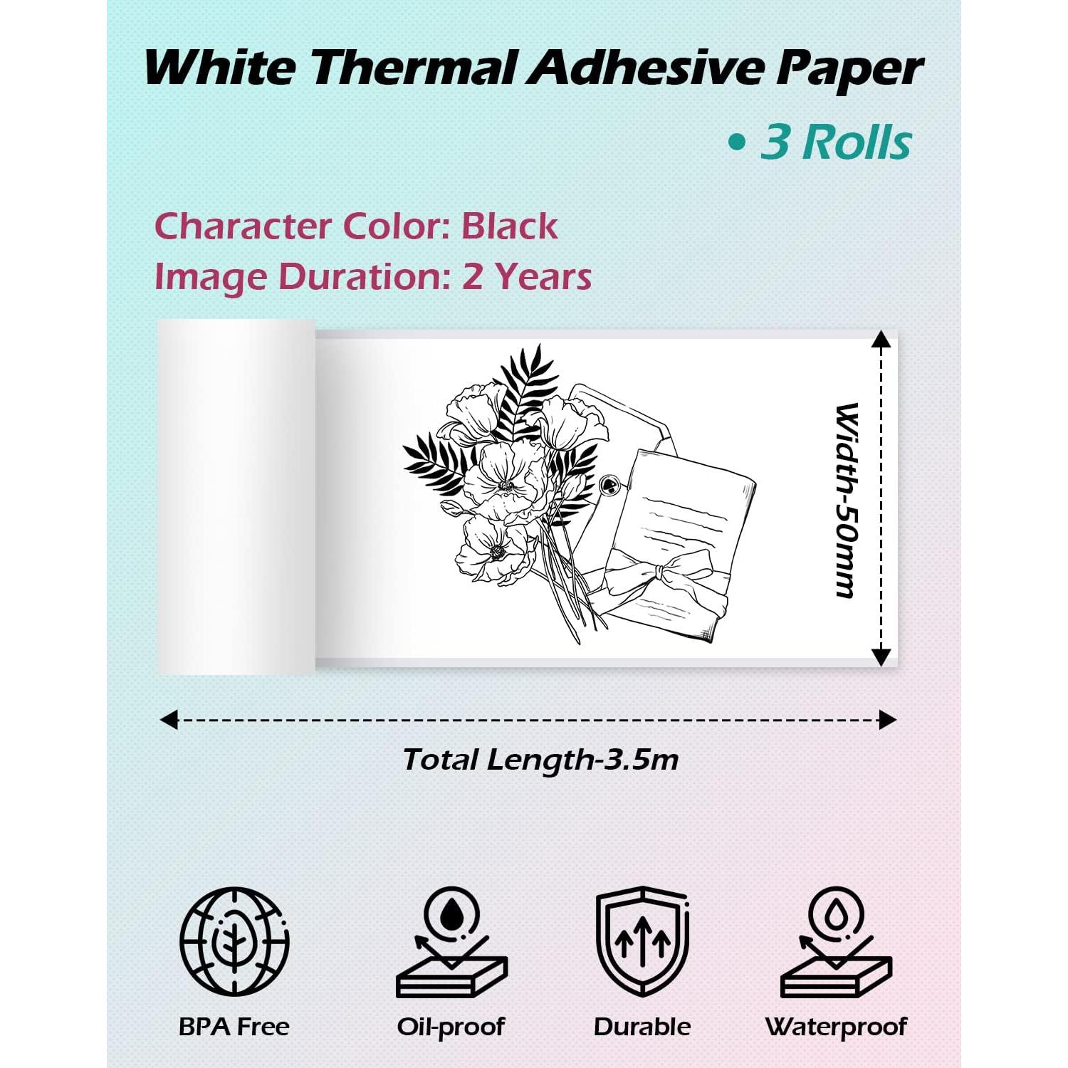 Papel Térmico Adhesivo Phomemo 50mm, 3 Rollos, Texto Negro