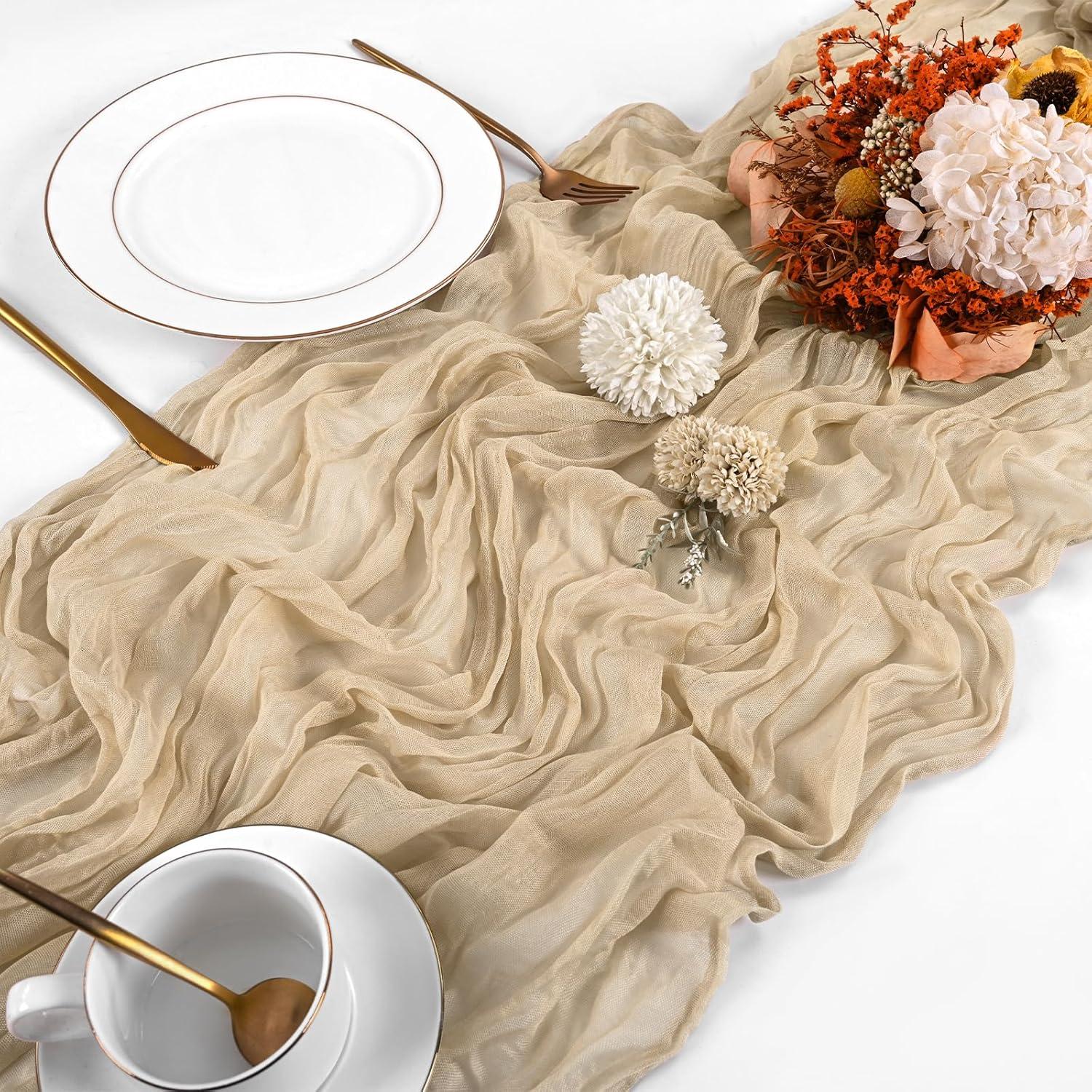 Paquete de 10 Caminos de Mesa de Gasa Beige 43x274 cm para Bodas