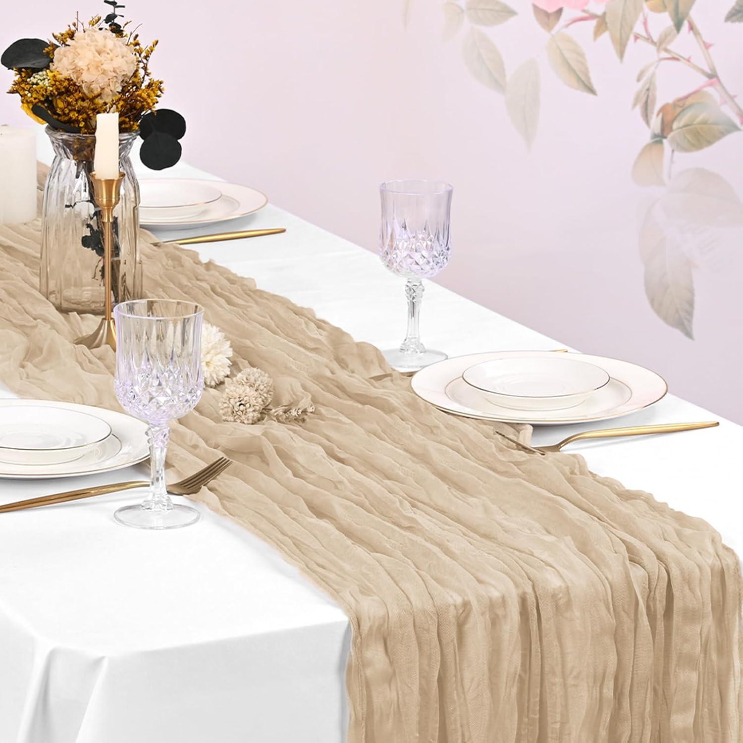 Paquete de 10 Caminos de Mesa de Gasa Beige 43x274 cm para Bodas