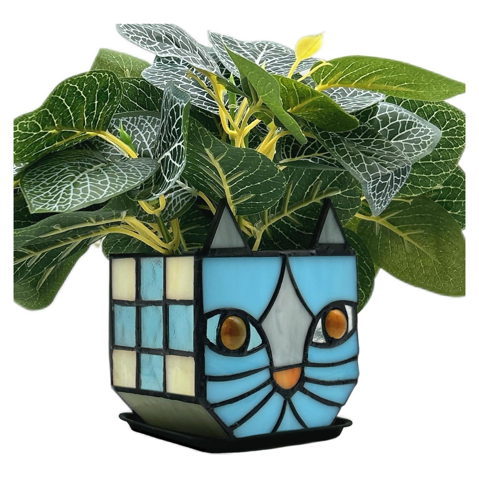 Maceta de Gato Azul Entlityful de Vidrio Templado 11.7x7.6x13.1 cm