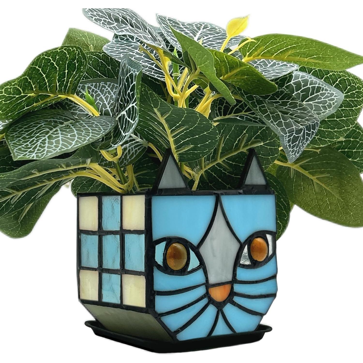 Maceta de Gato Azul Entlityful de Vidrio Templado 11.7x7.6x13.1 cm
