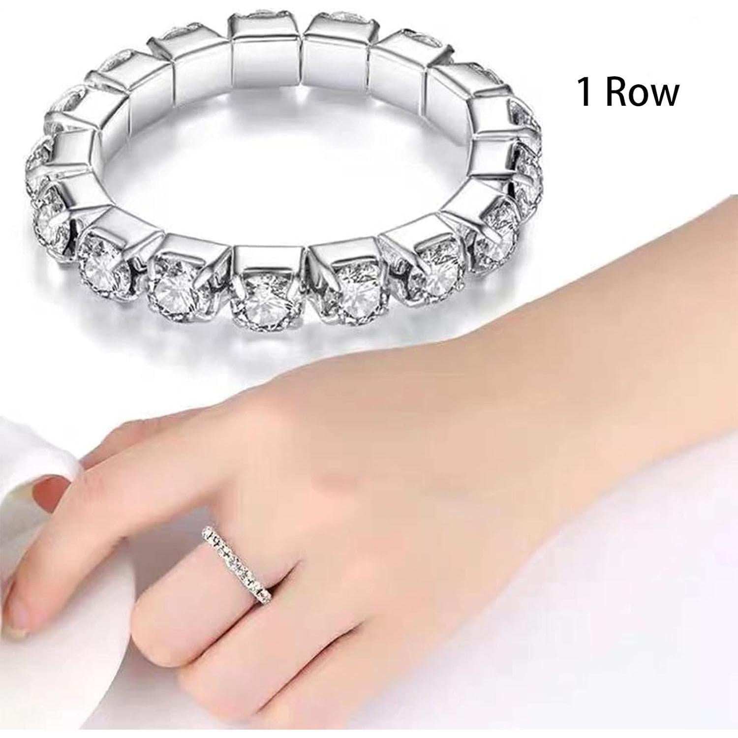 Anillos de Dedo Elástico de Cristal Plateado 6 Pcs con Rhinestones