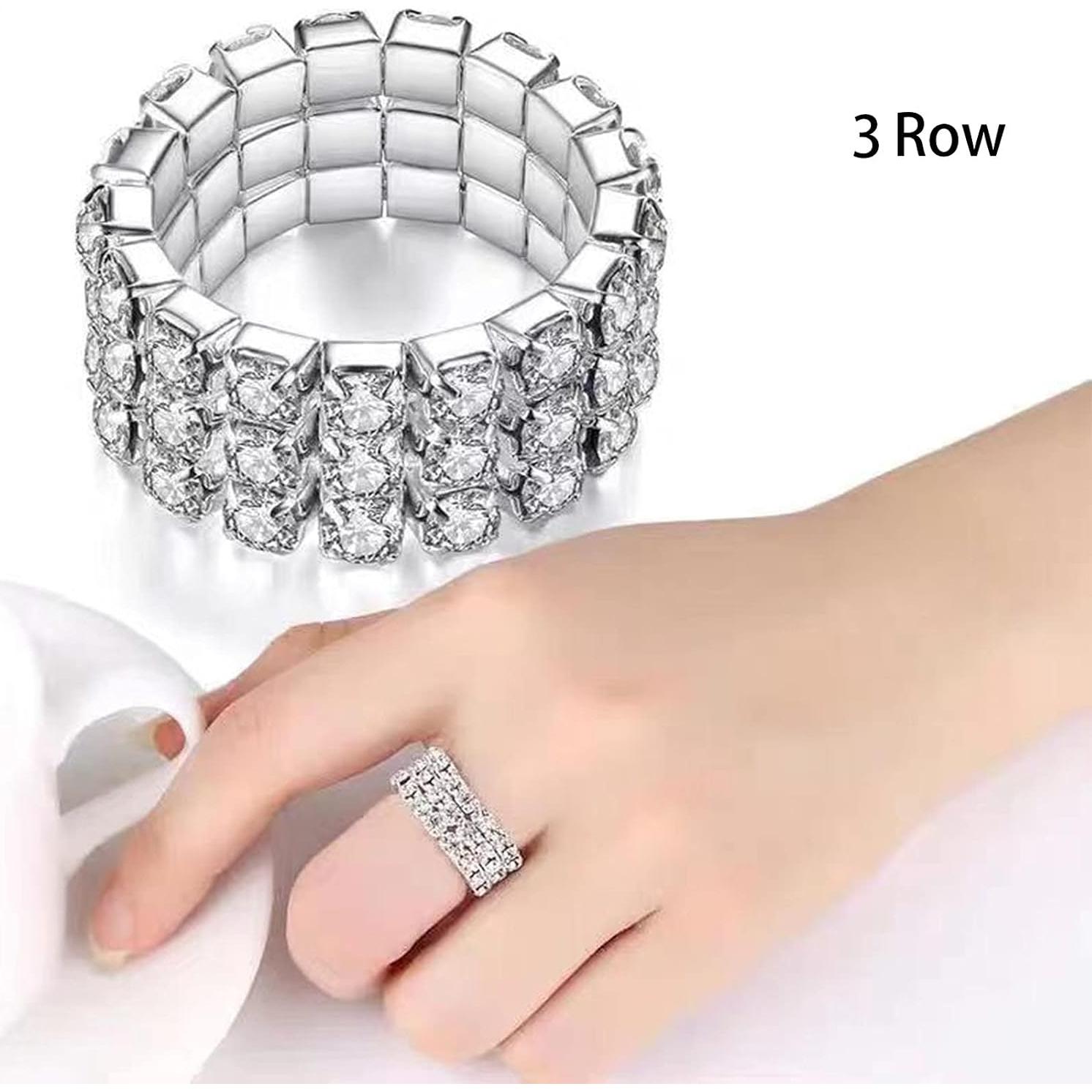 Anillos de Dedo Elástico de Cristal Plateado 6 Pcs con Rhinestones
