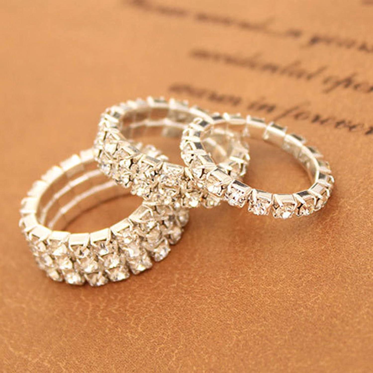 Anillos de Dedo Elástico de Cristal Plateado 6 Pcs con Rhinestones