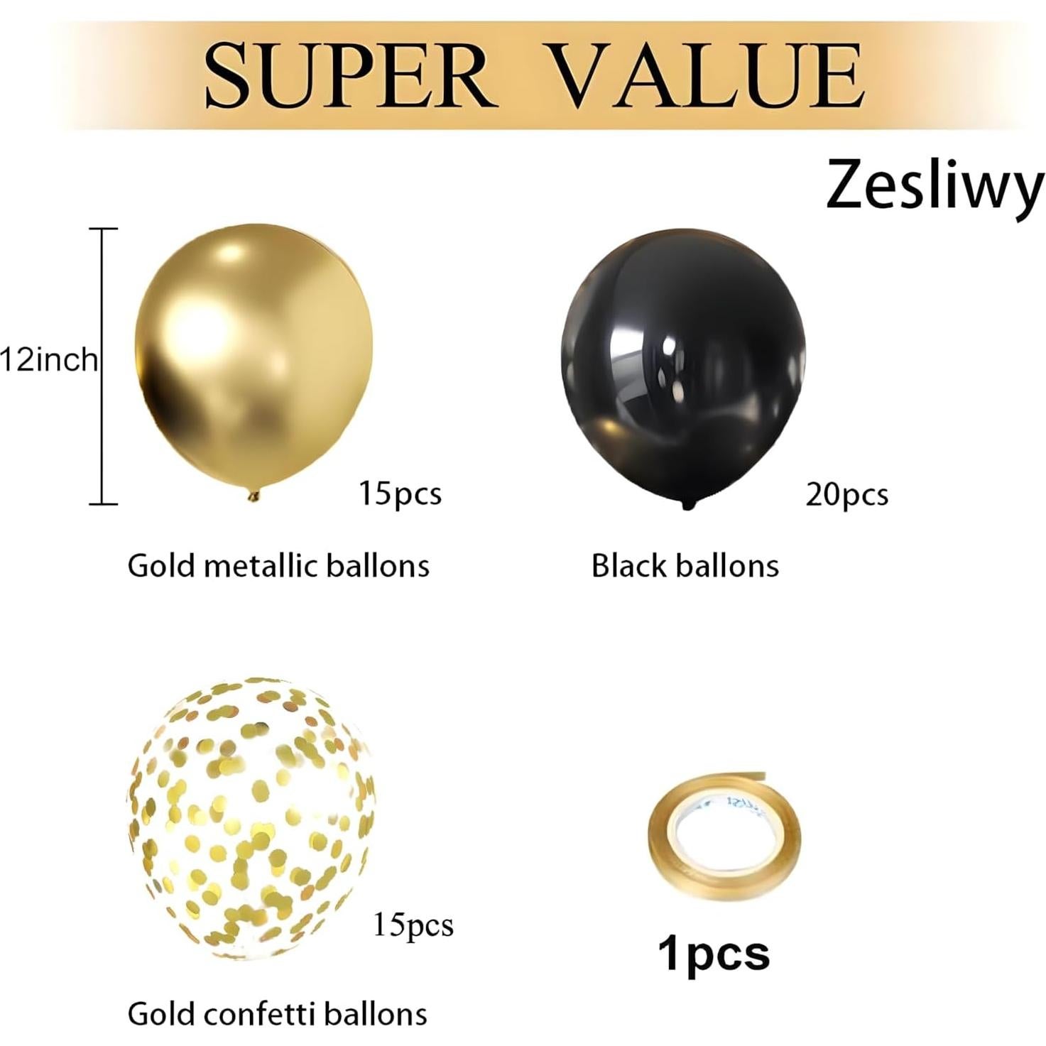 Globos de Confeti Negros y Dorados Zesliwy, 50 Piezas 30 cm