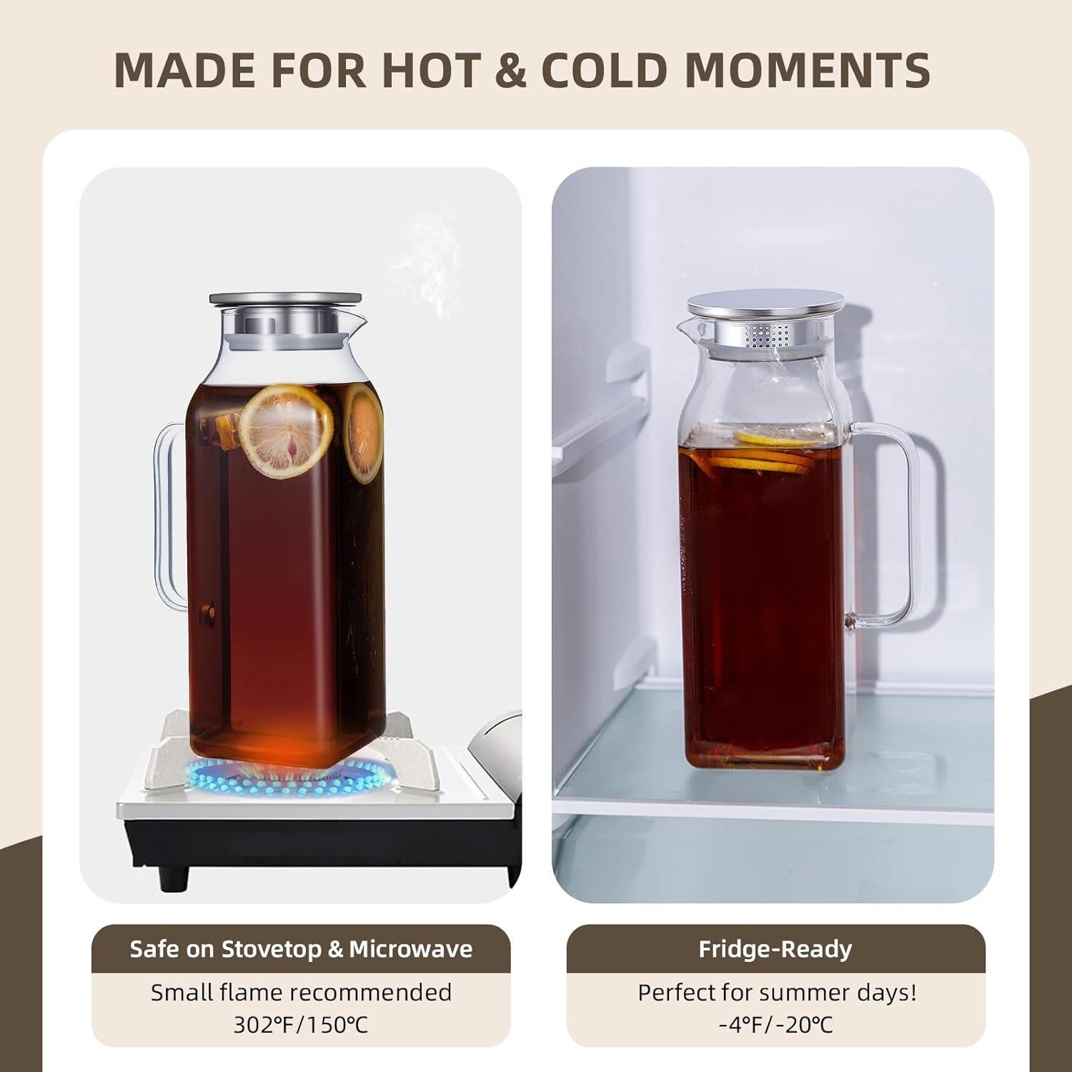 Jarra de Vidrio Borosilicato Vekonn 2L con Tapa Acero Inoxidable