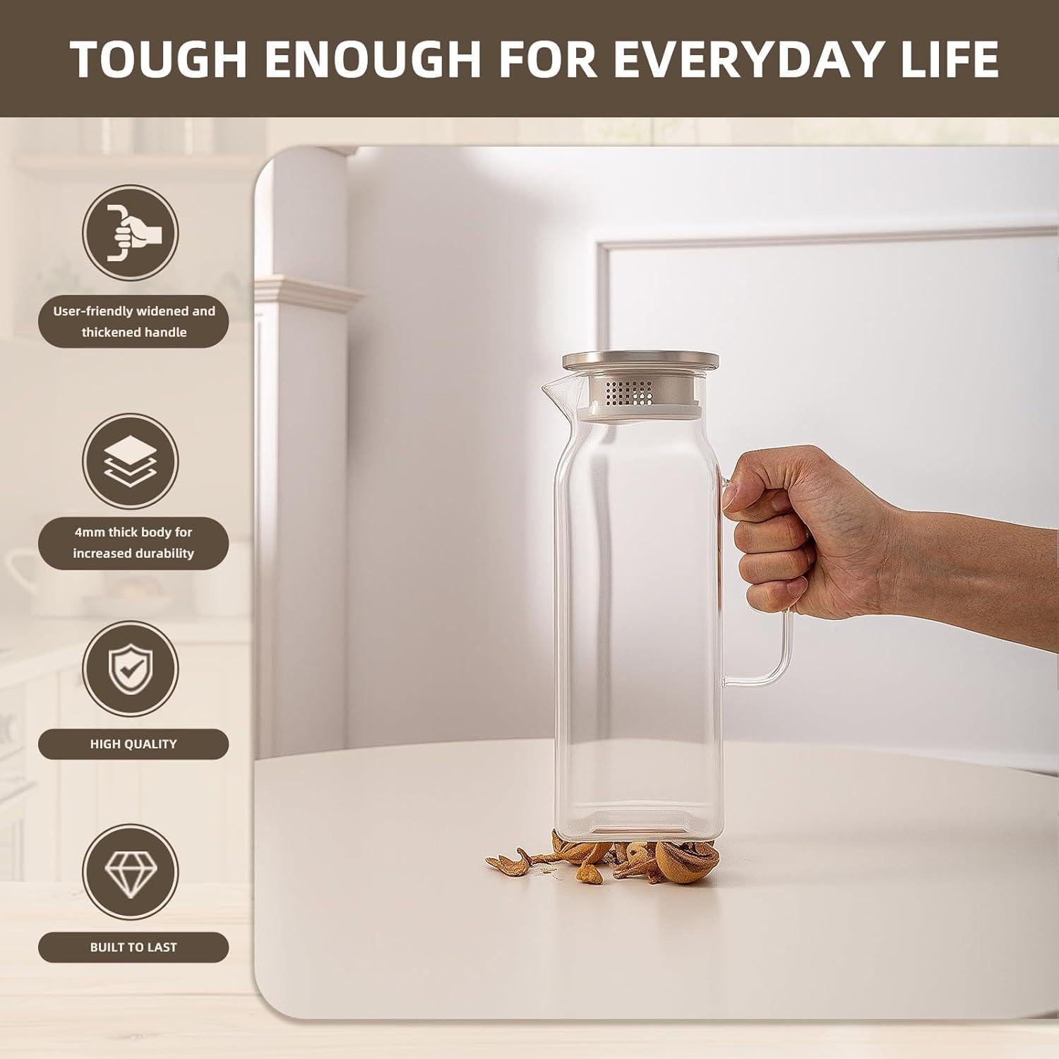 Jarra de Vidrio Borosilicato Vekonn 2L con Tapa Acero Inoxidable