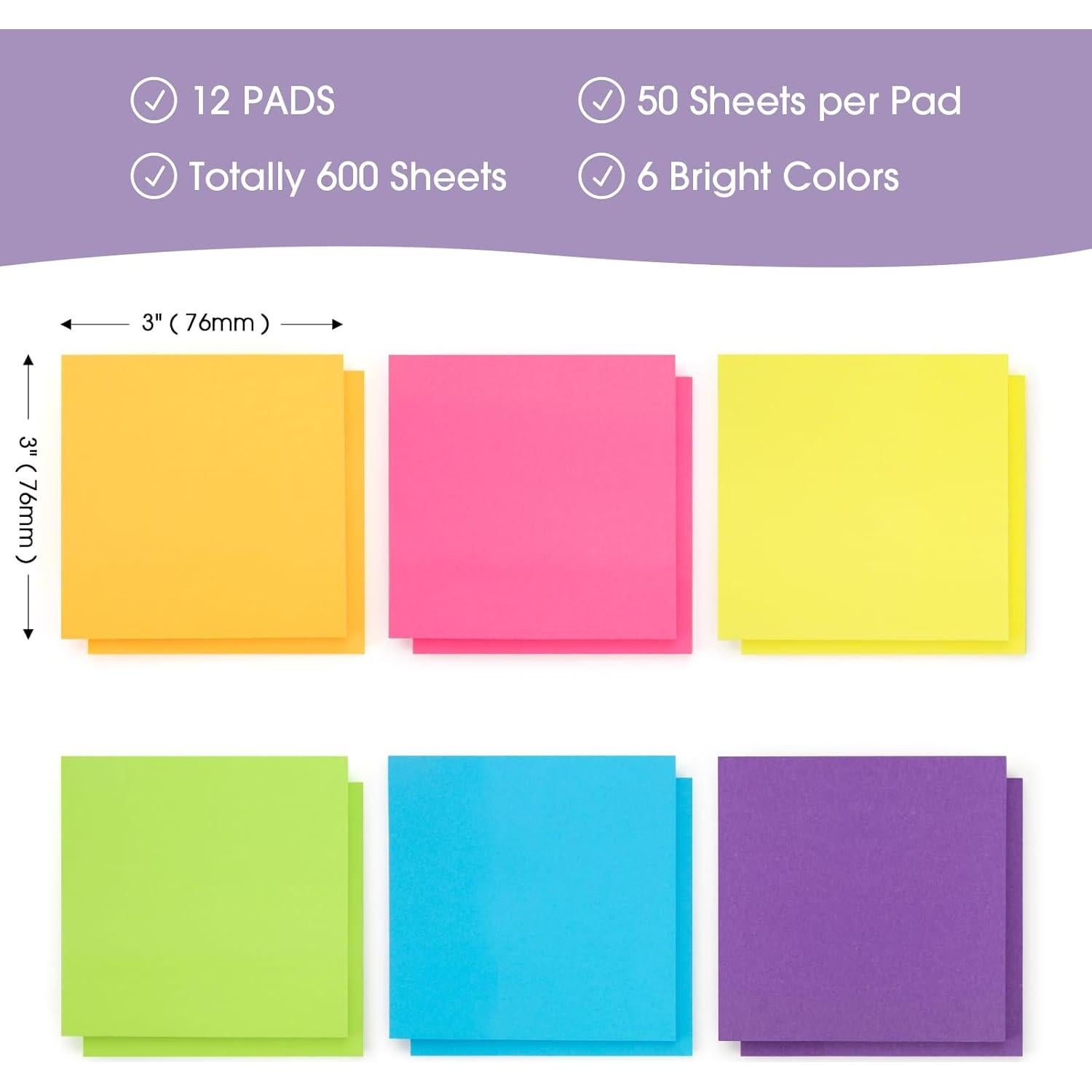 Notas Adhesivas YISAN 7.62x7.62 cm 12 Blocs 600 Hojas Colores Brillantes