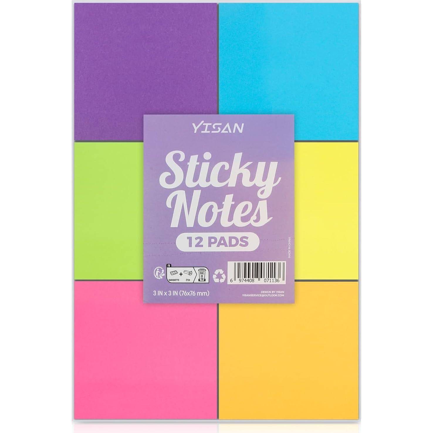 Notas Adhesivas YISAN 7.62x7.62 cm 12 Blocs 600 Hojas Colores Brillantes