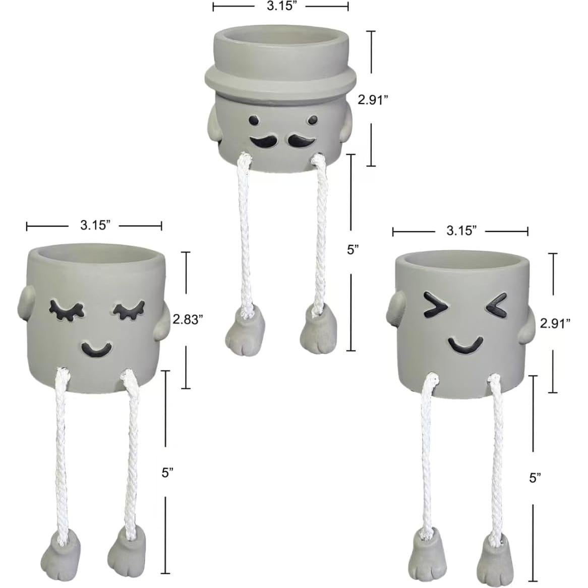 3 Macetas de Concreto con Piernas y Cara Sonriente Sizavi