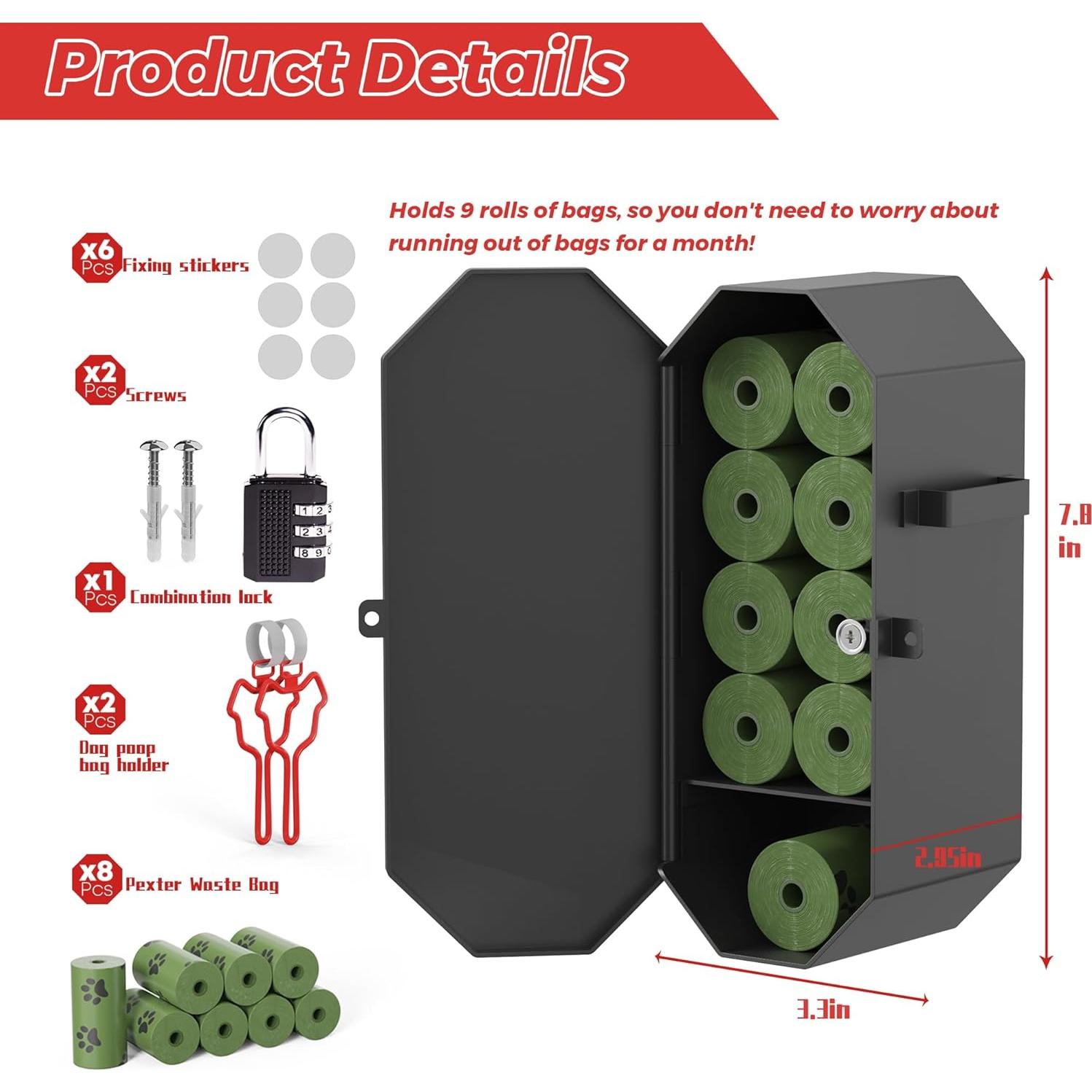 Dispensador de bolsas para excremento de perro Numeroustar, metal, 8 rollos