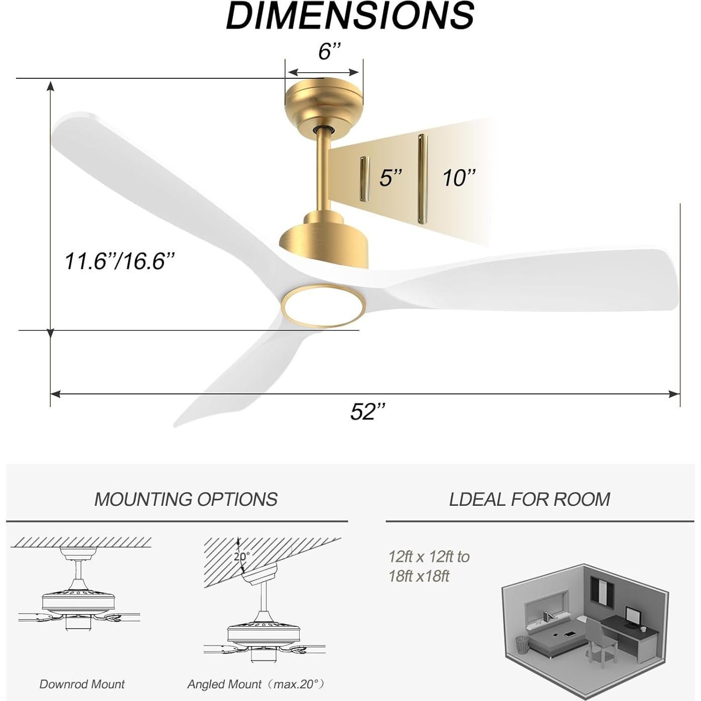 Ventilador de Techo Inteligente OFANTOP 52" Blanco y Dorado