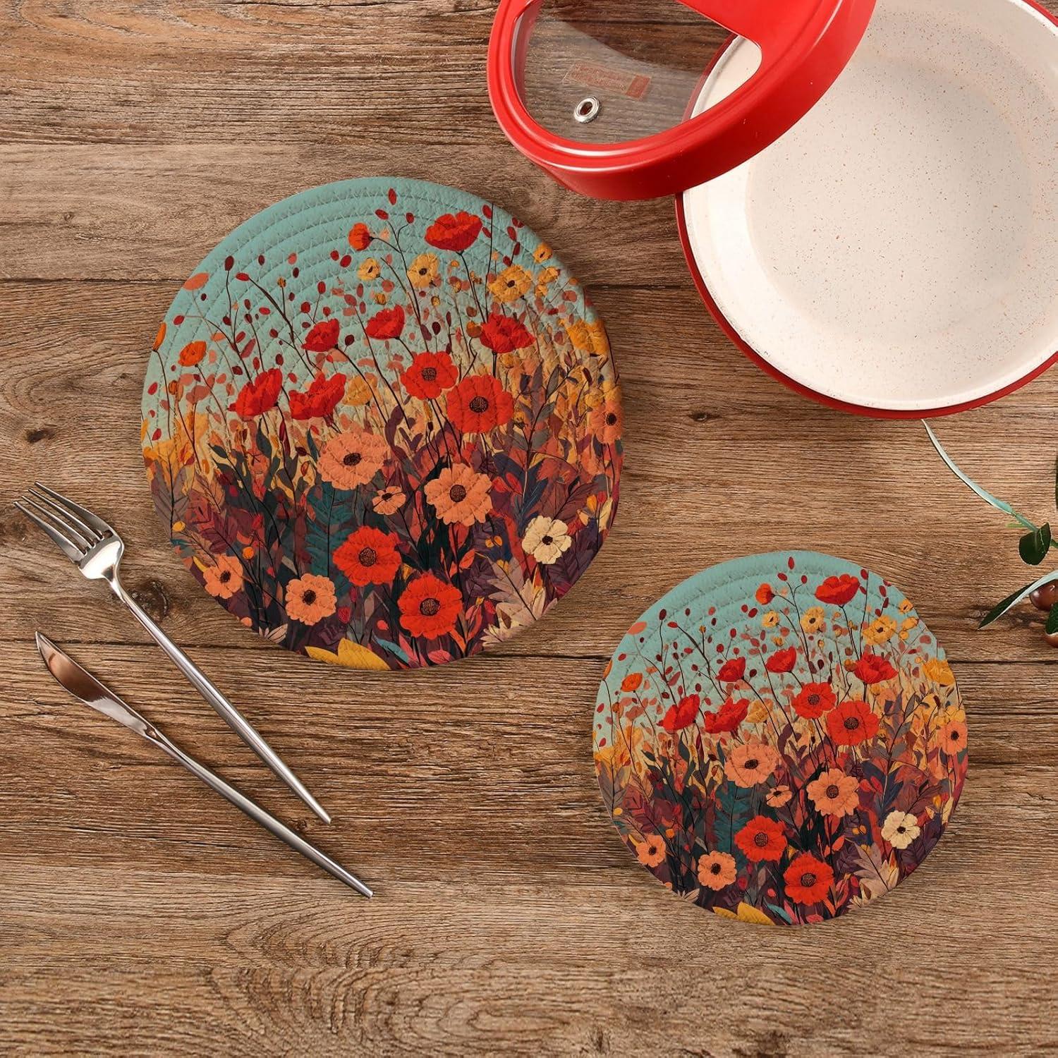 Trivetes Redondos QwThum Flores de Amapola 2 Piezas 18-24 cm