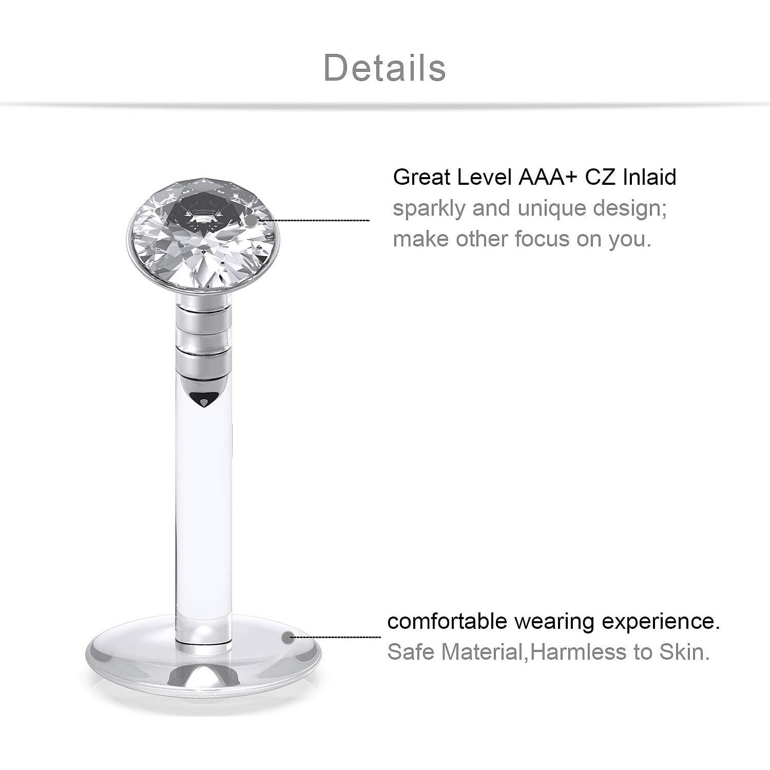 Anillos de Labio SCERRING 16G 1.2mm CZ con Rosca Interna 12PCS