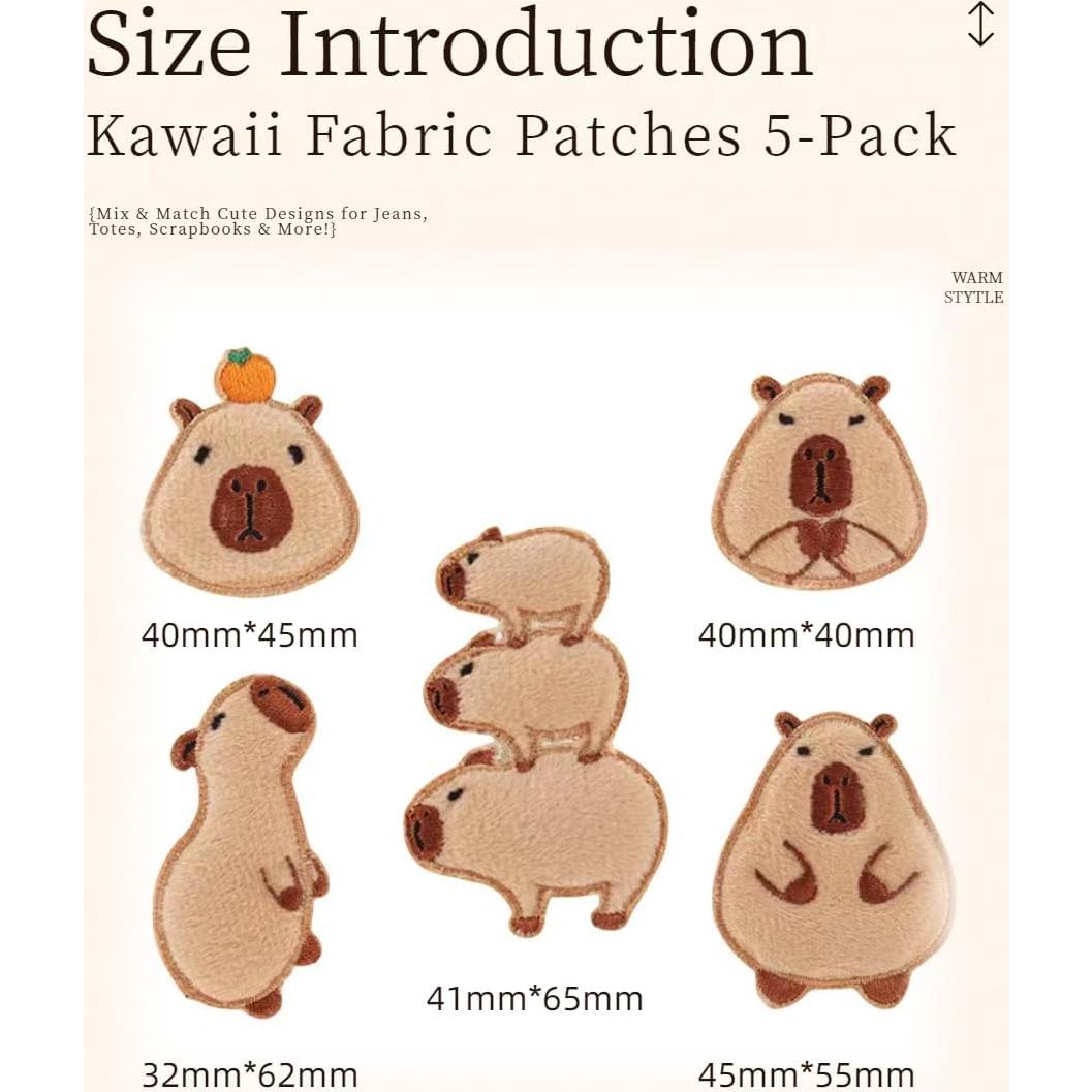 Kit de 5 Parches Bordados Capybara Wmiswen para Planchar