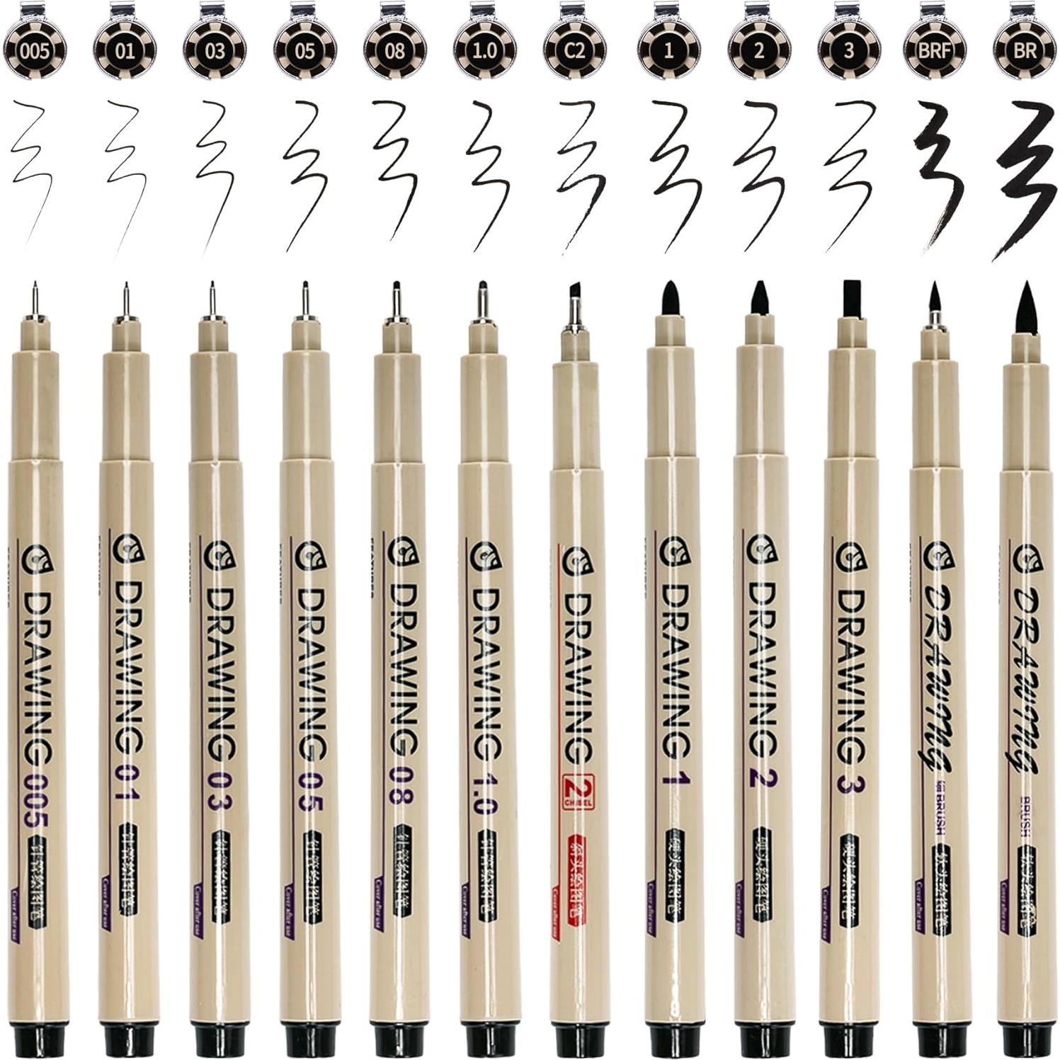 Set de 12 Bolígrafos Fineliner Toptime Negros 0.2-3.0mm