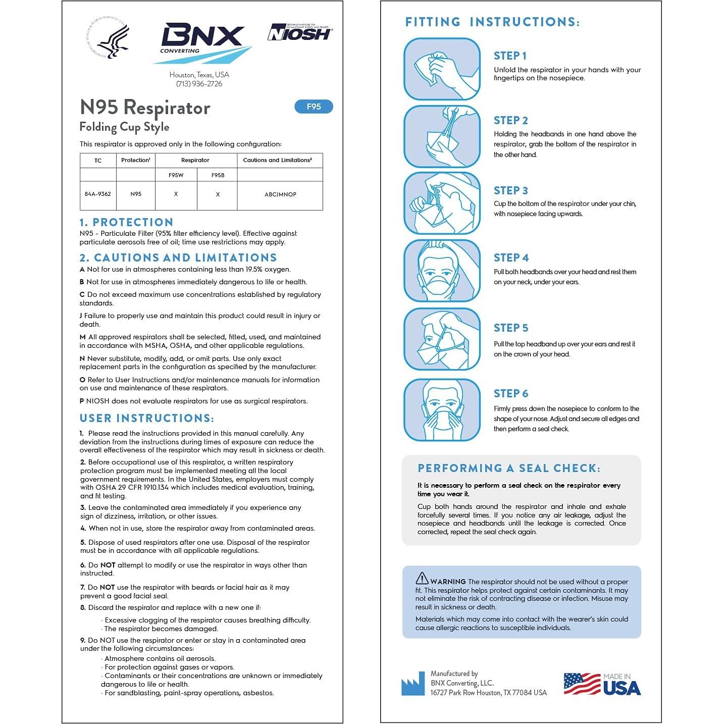 Máscara N95 BNX Certificada NIOSH - Paquete de 50 Unidades