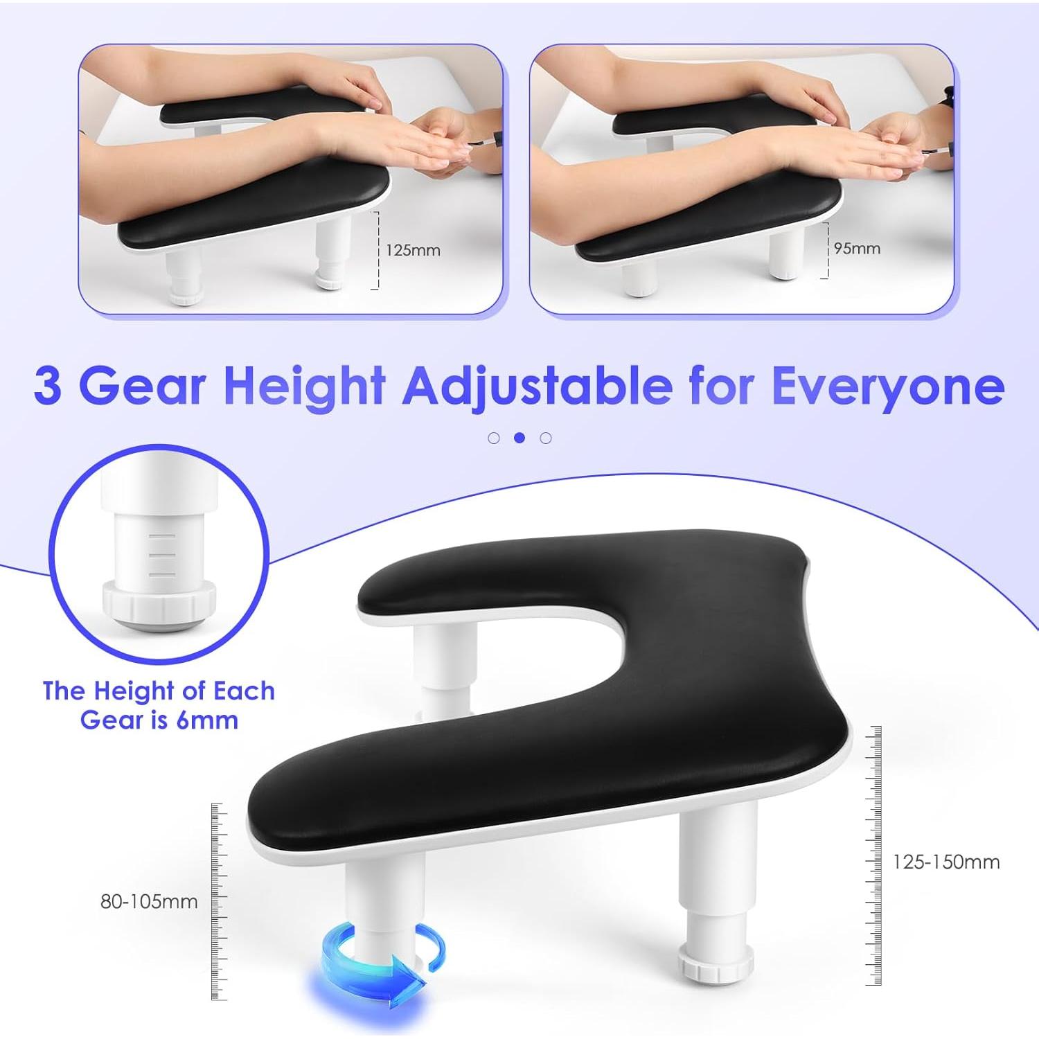 Reposabrazos Ajustable para Manicura Negro PU - Ergonomía Mejorada