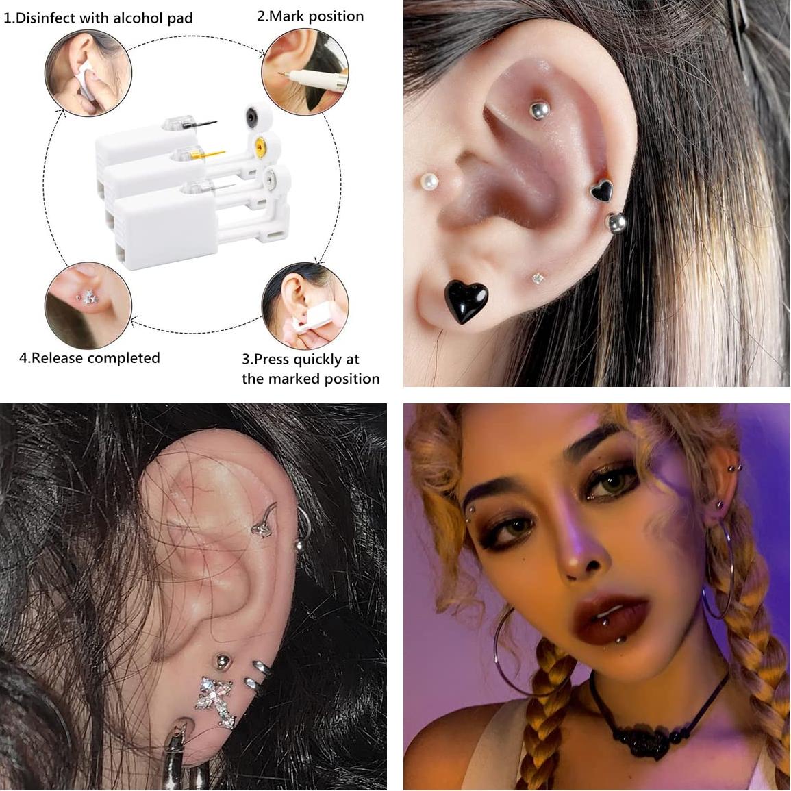 Kit de perforación de orejas psaakon con aretes 3mm - 3 colores