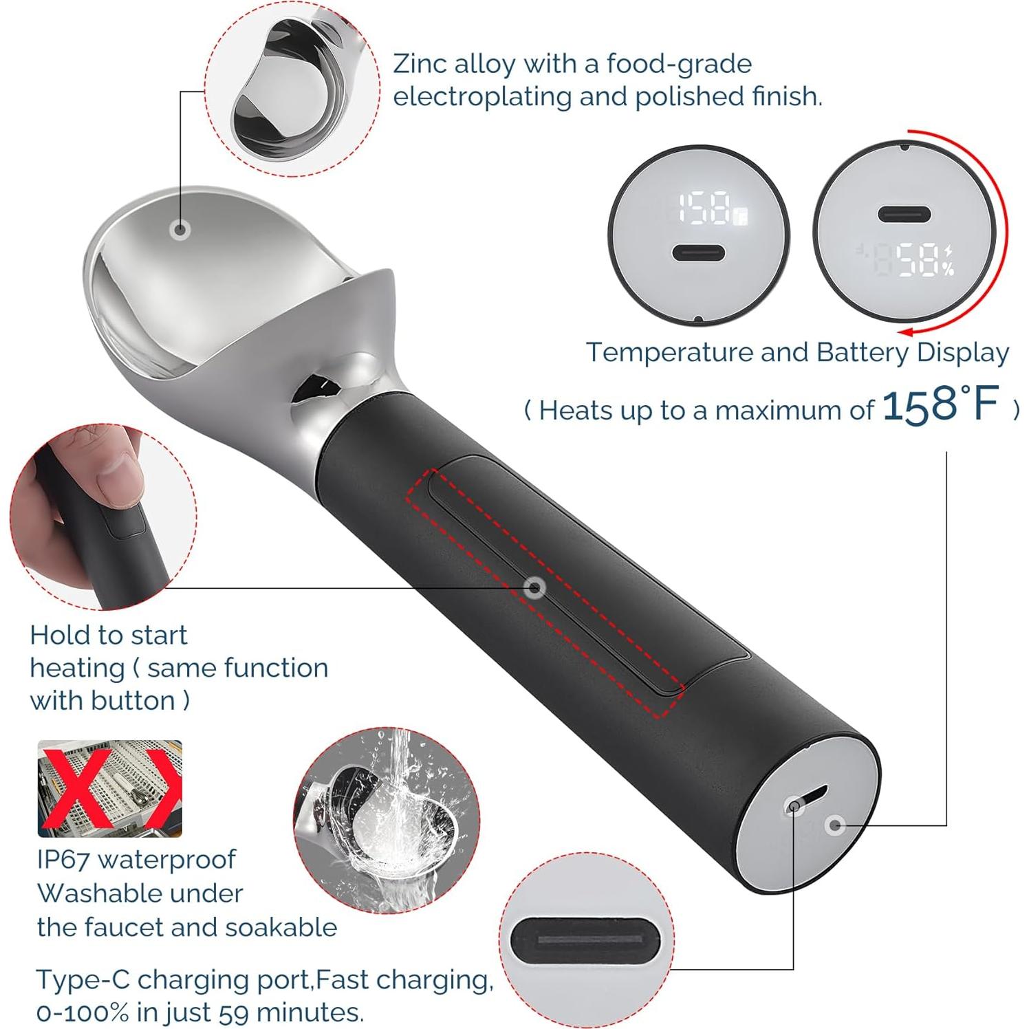 Cuchara de Helado Calentada Recargable LED 70°C Negra