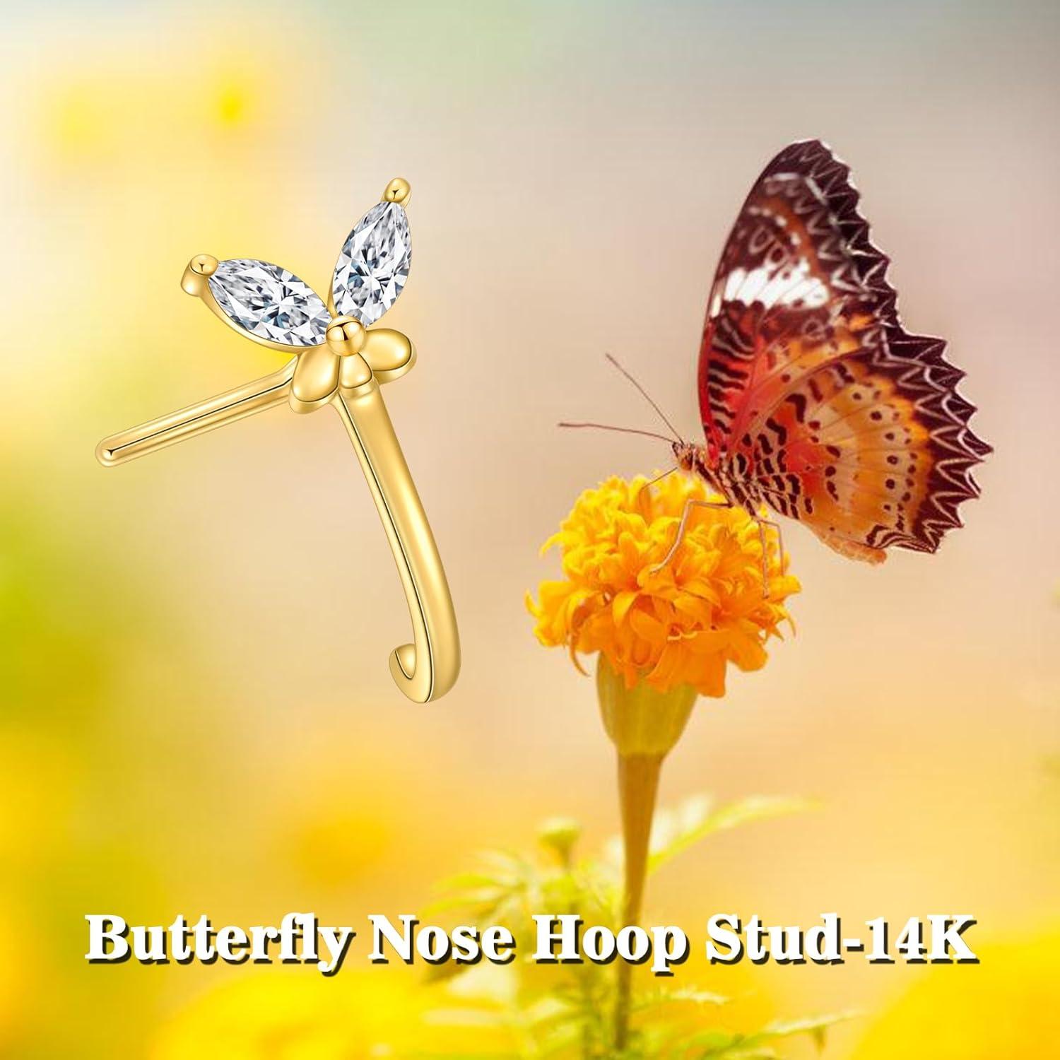Aro de Nariz de Oro 14K Mariposa 20G Joyería Hipoalergénica