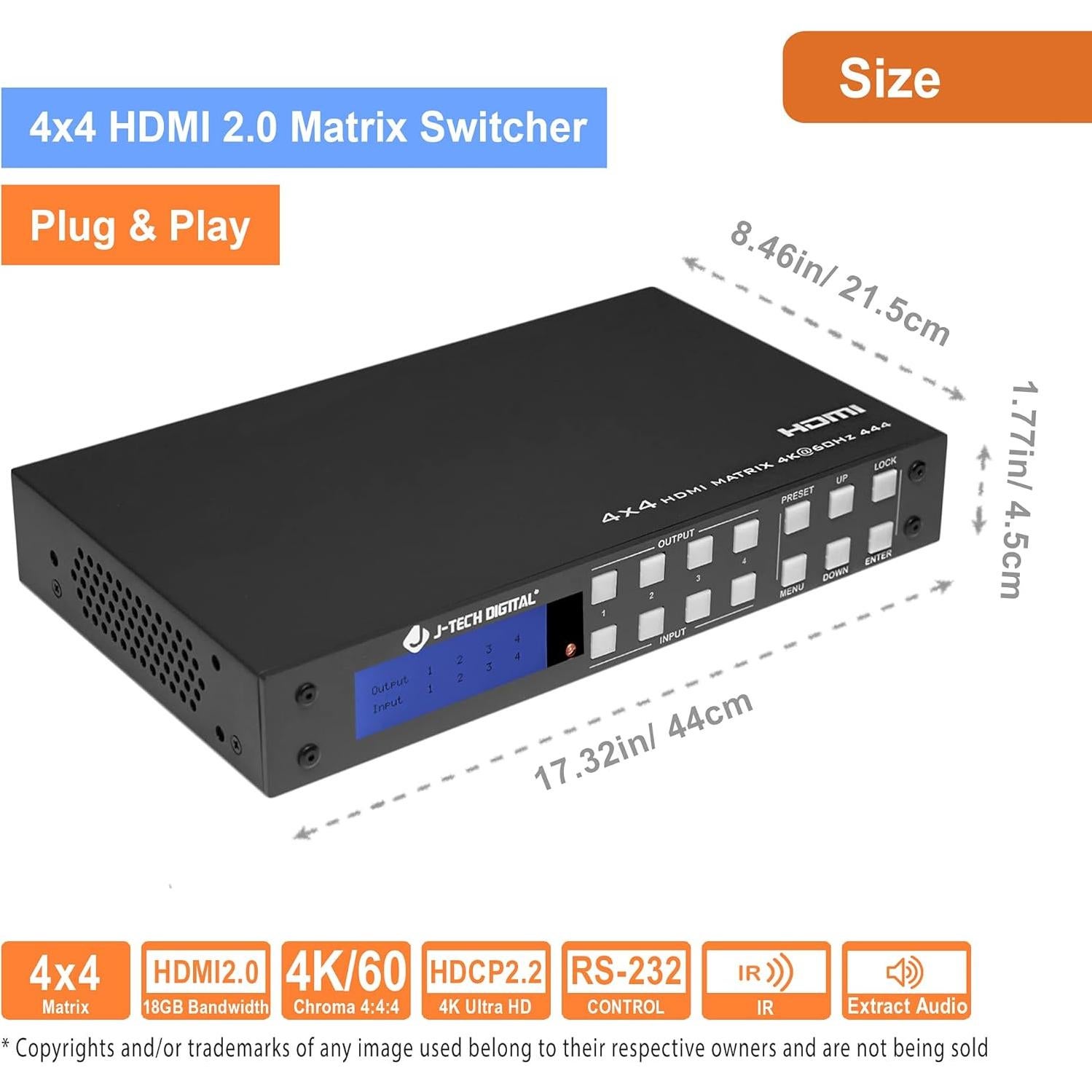 Matriz HDMI 4x4 J-Tech Digital 4K 60Hz HDR con Audio
