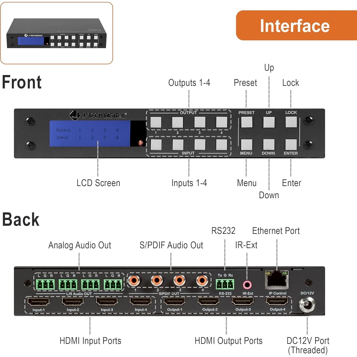 Matriz HDMI 4x4 J-Tech Digital 4K 60Hz HDR con Audio