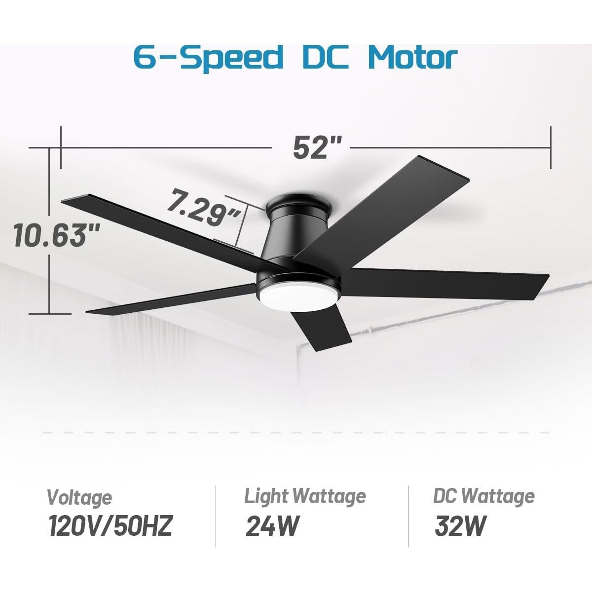 Ventilador de Techo Wurzee 132cm Negro con Luz LED y Control Remoto