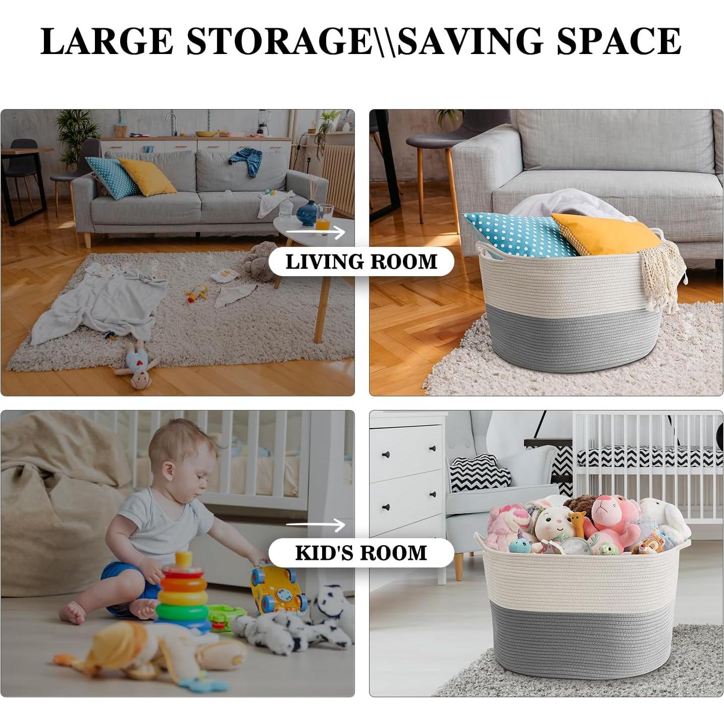 Cesta de Almacenamiento Maliton Grande Algodón 68L Blanco y Gris