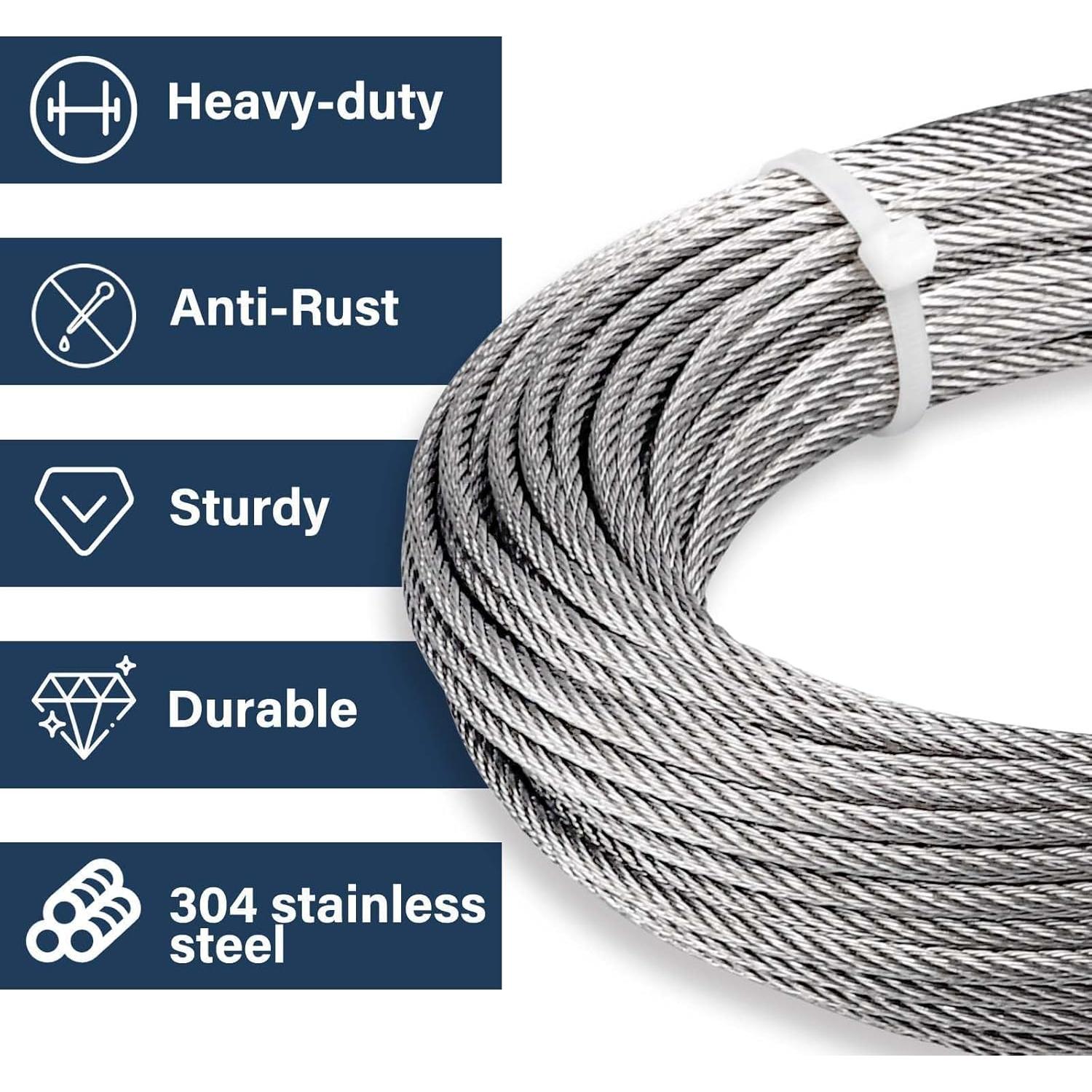 Cable de acero inoxidable 3/16" JINYI 30.48m con abrazaderas