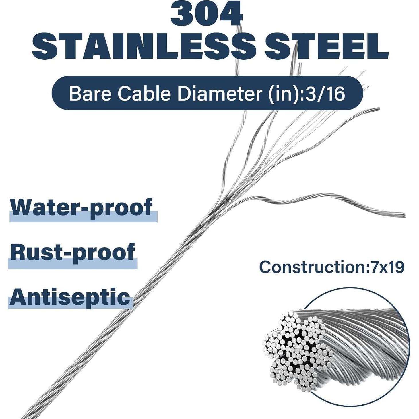 Cable de acero inoxidable 3/16" JINYI 30.48m con abrazaderas