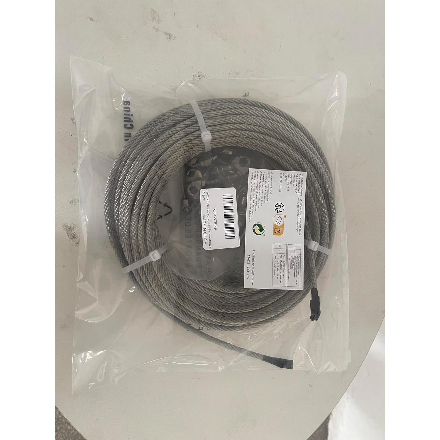 Cable de acero inoxidable 3/16" JINYI 30.48m con abrazaderas