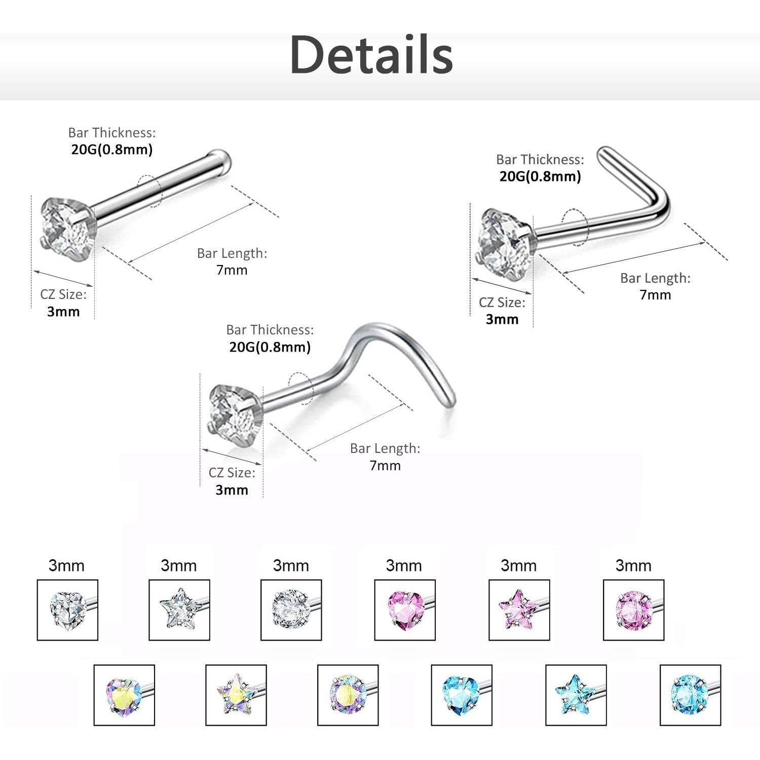 Anillo de Piercing de Nariz ZS 9PCS Acero Inoxidable 20G