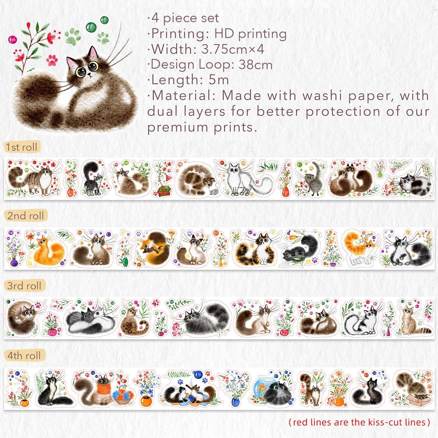 Conjunto de Stickers Washi WT Cat Mood - 4 Rollos, 5m cada uno
