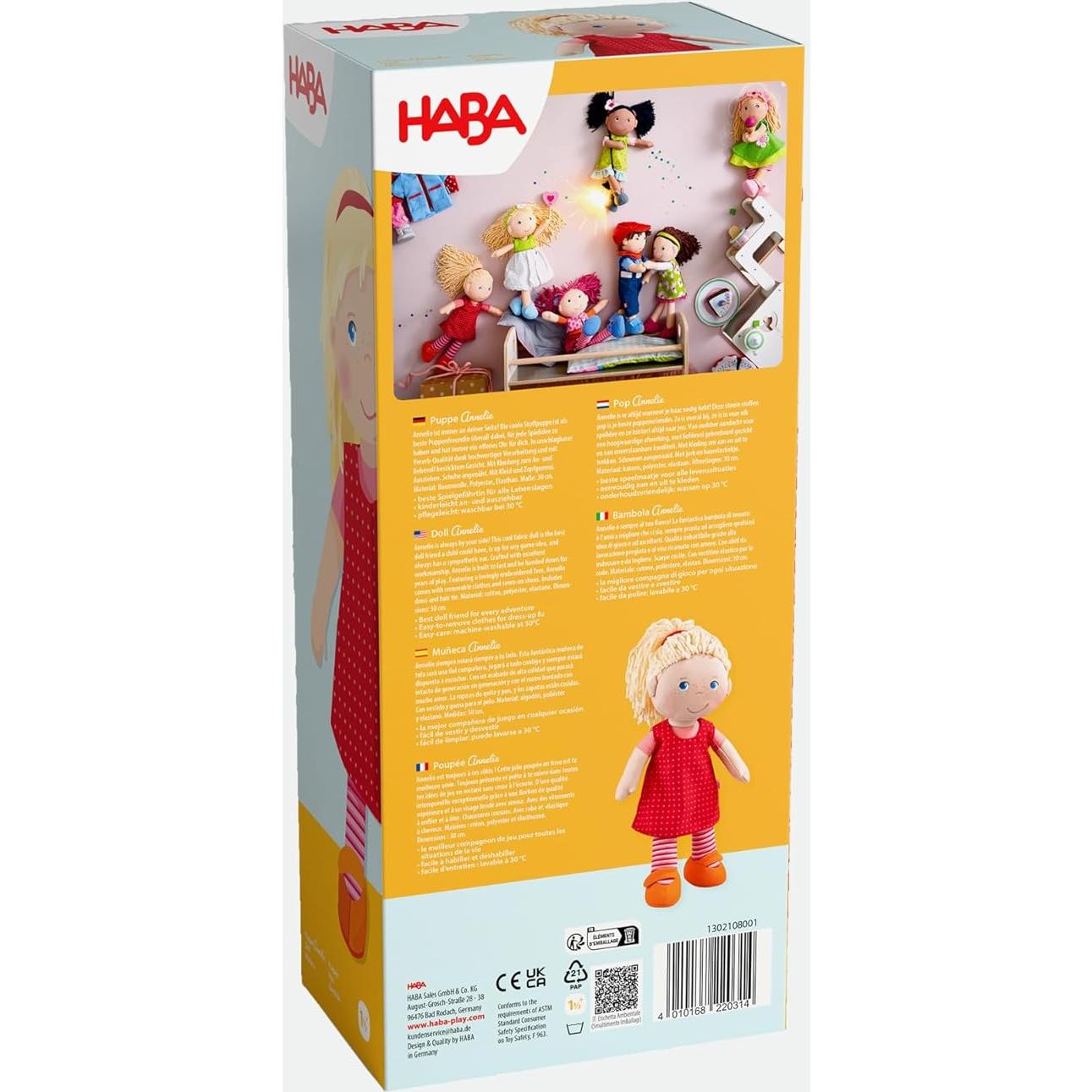 Muñeca Suave HABA Annelie 30.5 cm con Vestido Rojo y Diadema