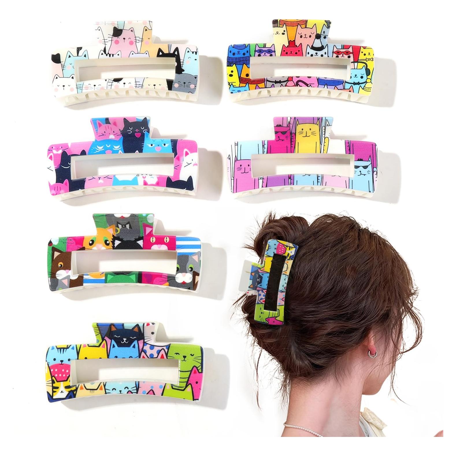 Pinzas para el cabello grandes de garra cuadrada - 6 piezas con diseño de gato