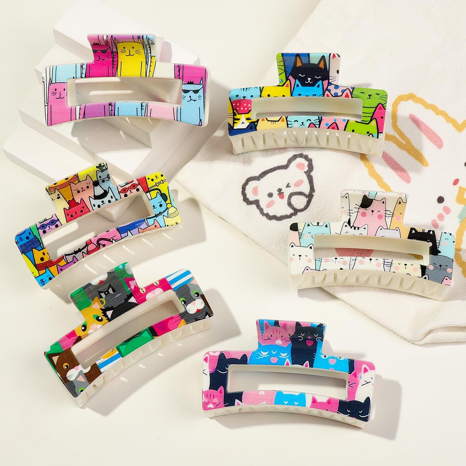 Pinzas para el cabello grandes de garra cuadrada - 6 piezas con diseño de gato