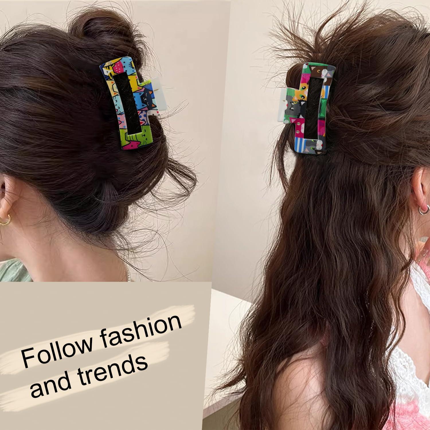 Pinzas para el cabello grandes de garra cuadrada - 6 piezas con diseño de gato