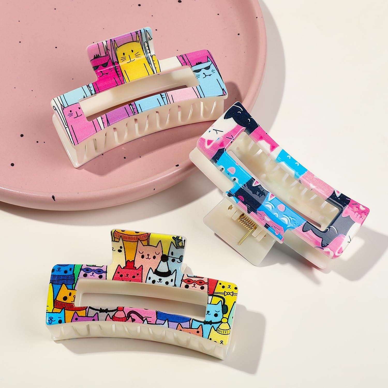 Pinzas para el cabello grandes de garra cuadrada - 6 piezas con diseño de gato