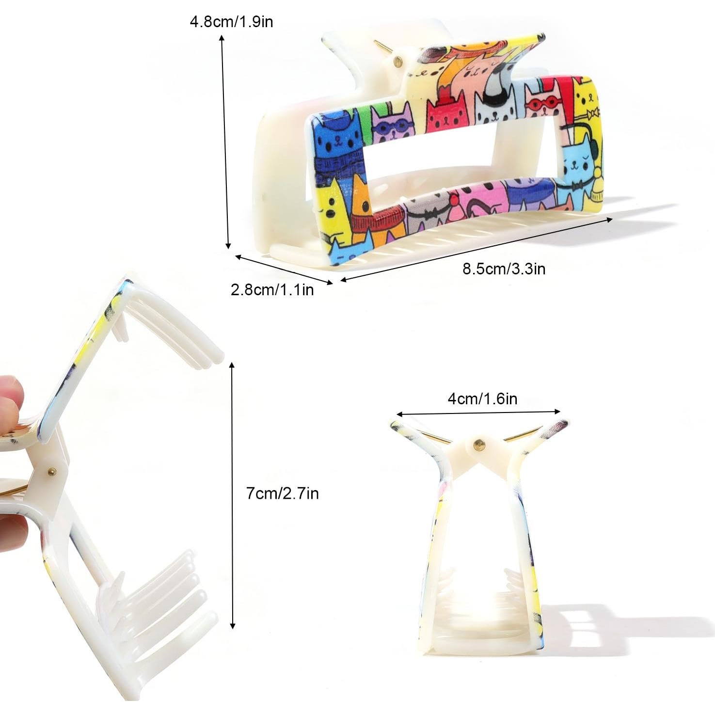 Pinzas para el cabello grandes de garra cuadrada - 6 piezas con diseño de gato