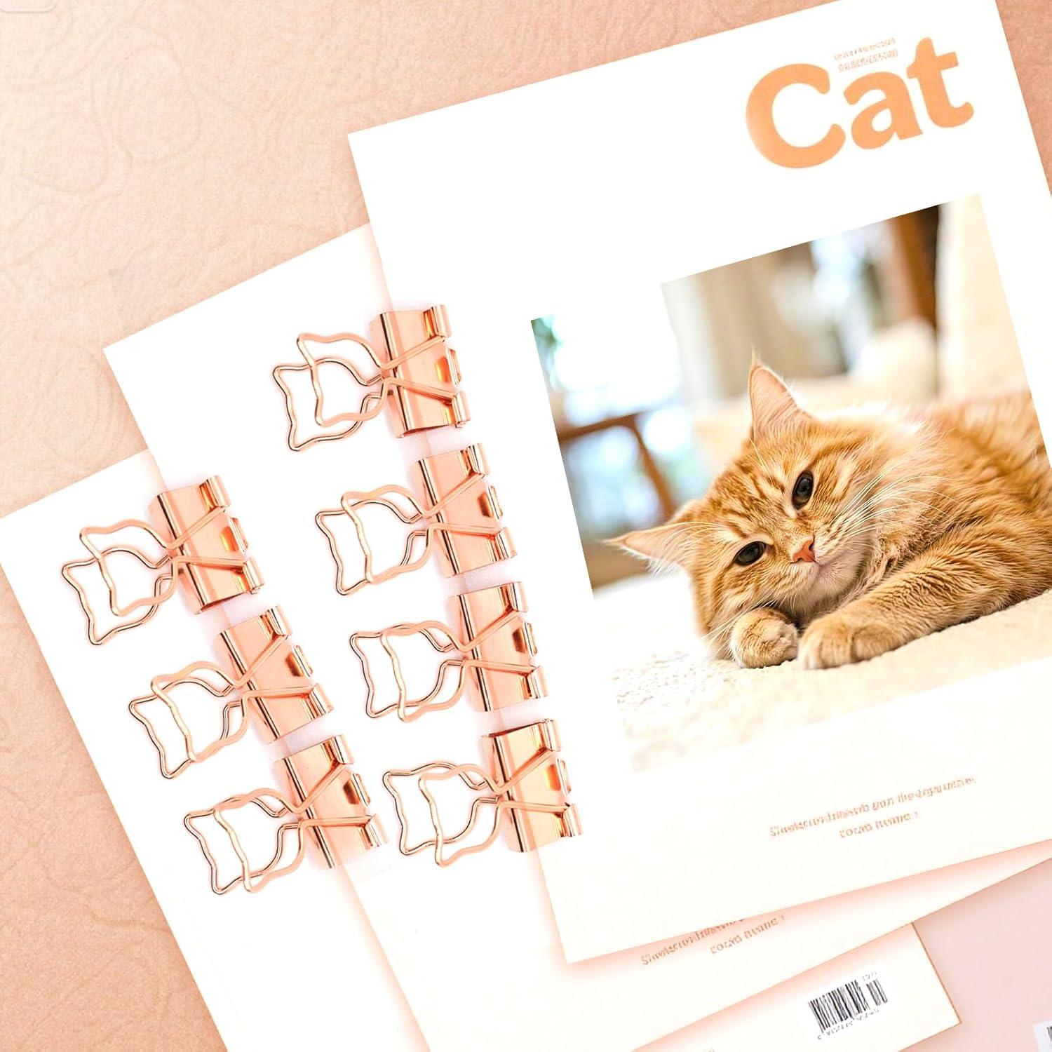 16 Clips de Carpeta de Gato Rosa Oro Haowuliao - Suministros de Oficina